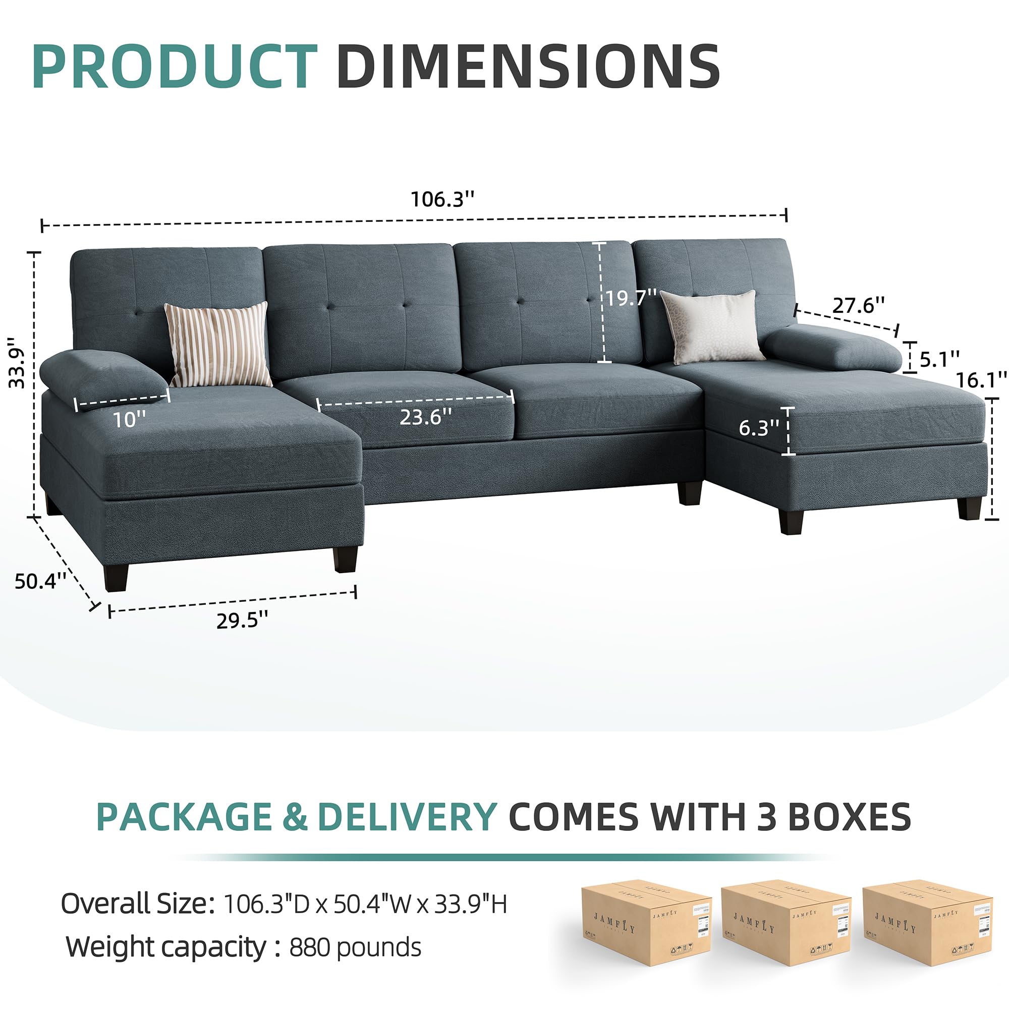 JAMFLY Sectional Sofa Couches for Living Room Clearance Set, U Shaped Couch 4 Seat Sofa Set with Double Chaise, Dark Grey