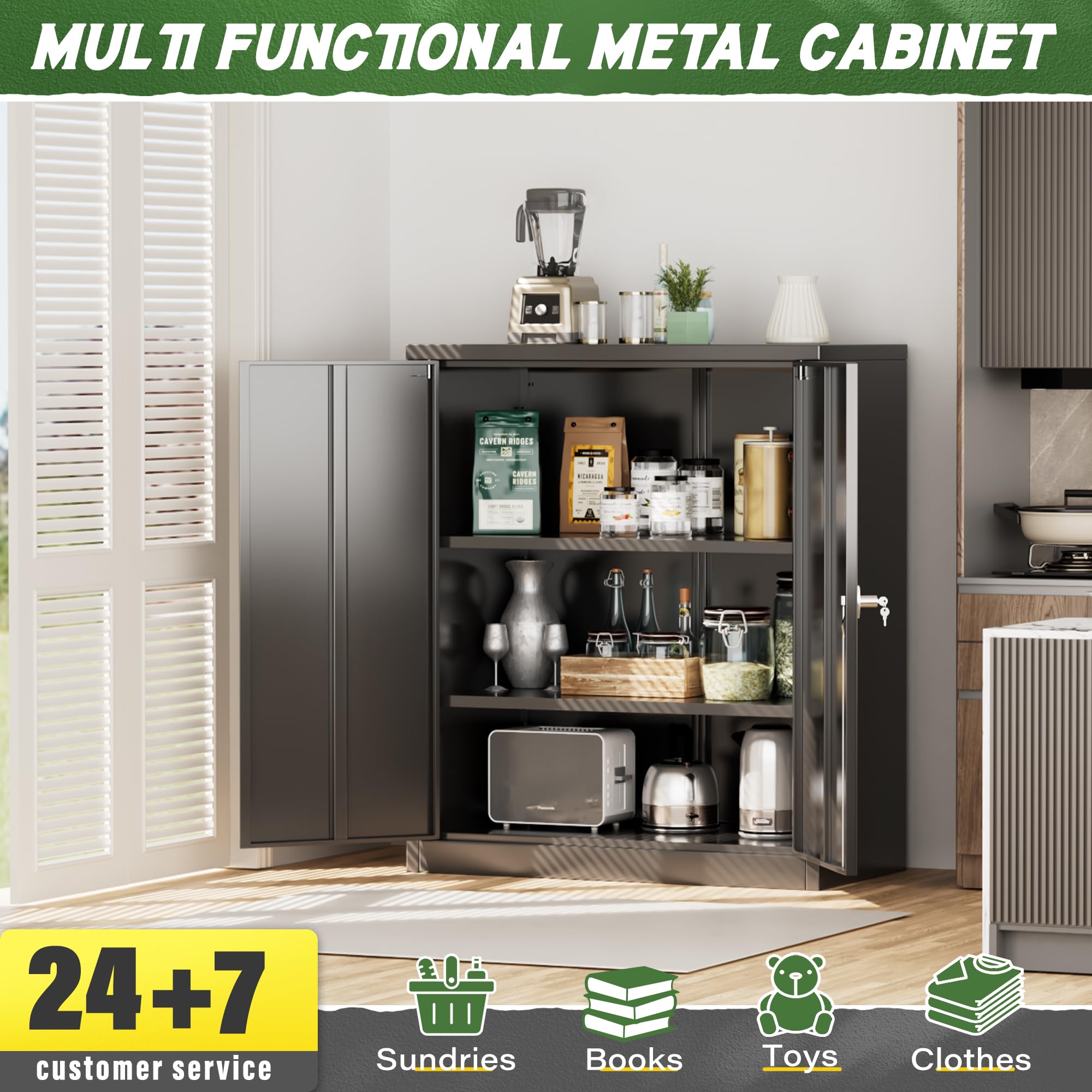 Greenvelly Metal Storage Cabinet with Doors and Shelves,Lockable Storage Cabinet for Office,36”Black Metal Utility Cabinet Garage Cabinets, Lockable File Cabinet for Home Office, Garage, Kitchen, Shop