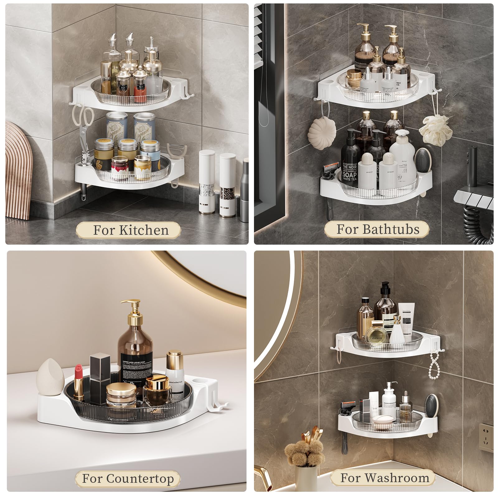 akinbas Corner Shower 2 Tier Caddy Lazy Susan Organizer 360 Rotating Corner Shelf Wall Mounted with No Drilling Shelves for Bathroom Dorm and Kitchen (White)