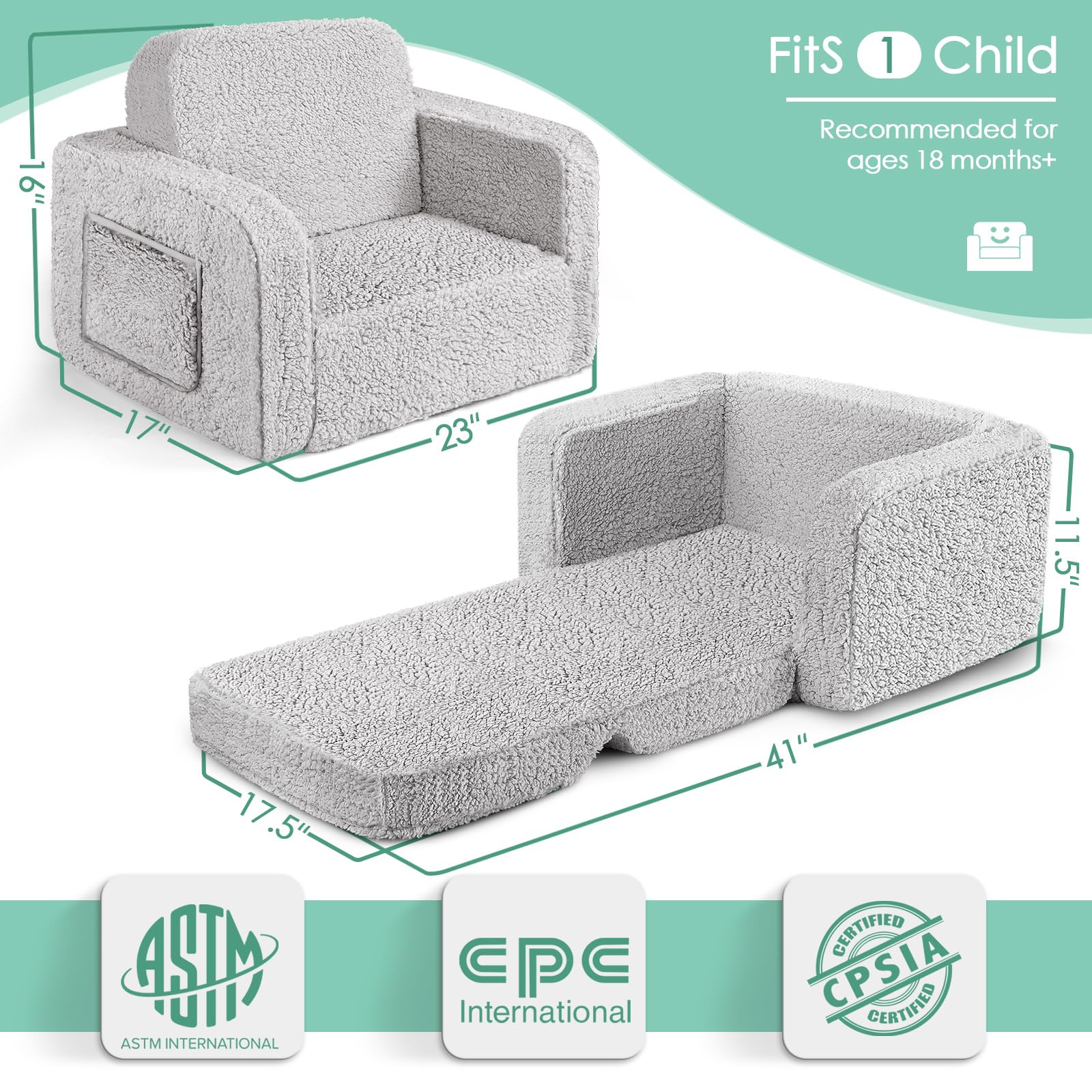 ACRABROS Kids Couch Toddler Chair: Sofa Bed Fold Out for Girls Boys Grey