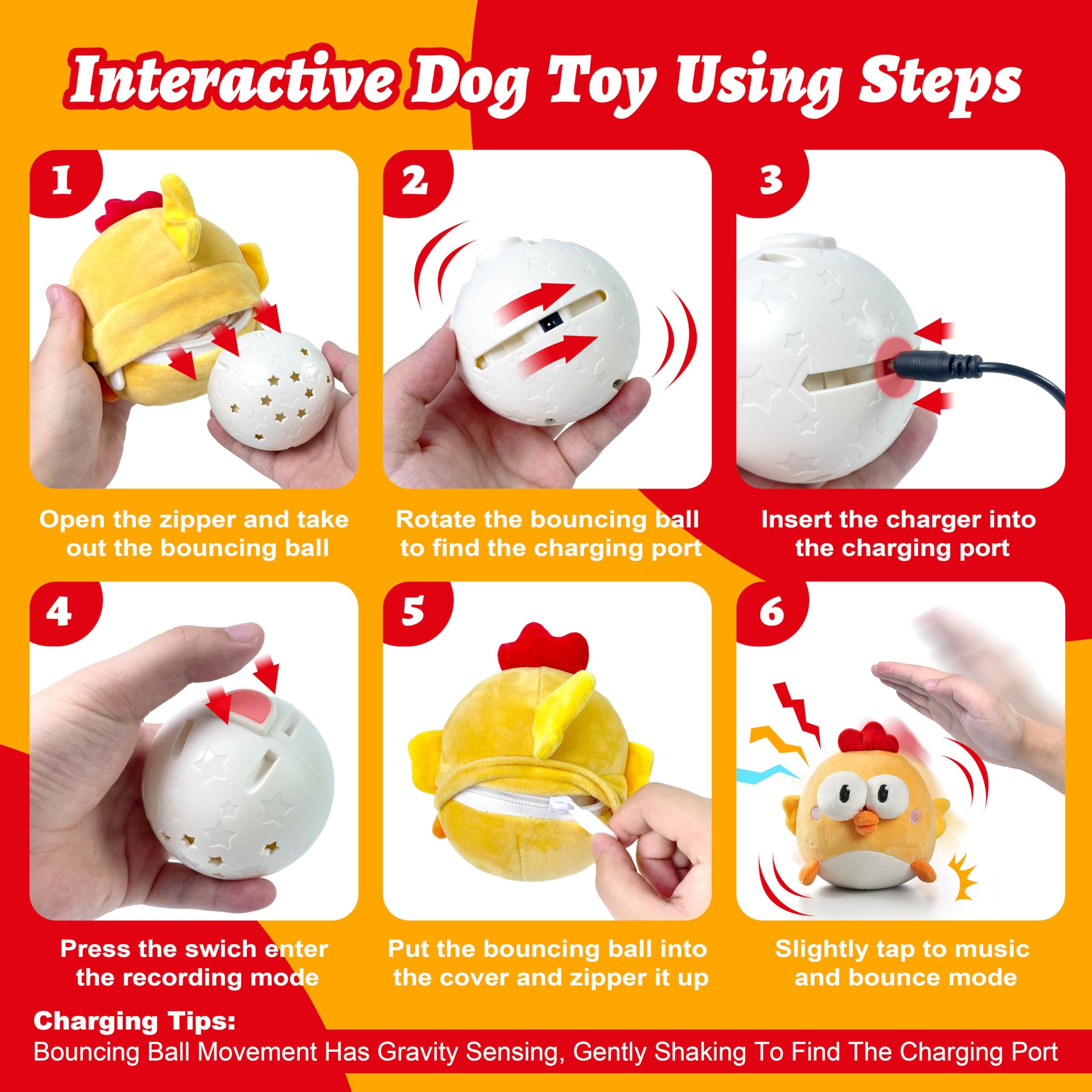 GUKCO Interactive Dog Toys, Squeaky Dog Toys with Interactive Dog Ball, Rechargeable Crinkle Dog Chew Toys Pet Plush Toys for Small Medium Large Dog Toys to Keep Them Busy Jumping Music Mode(Chick)