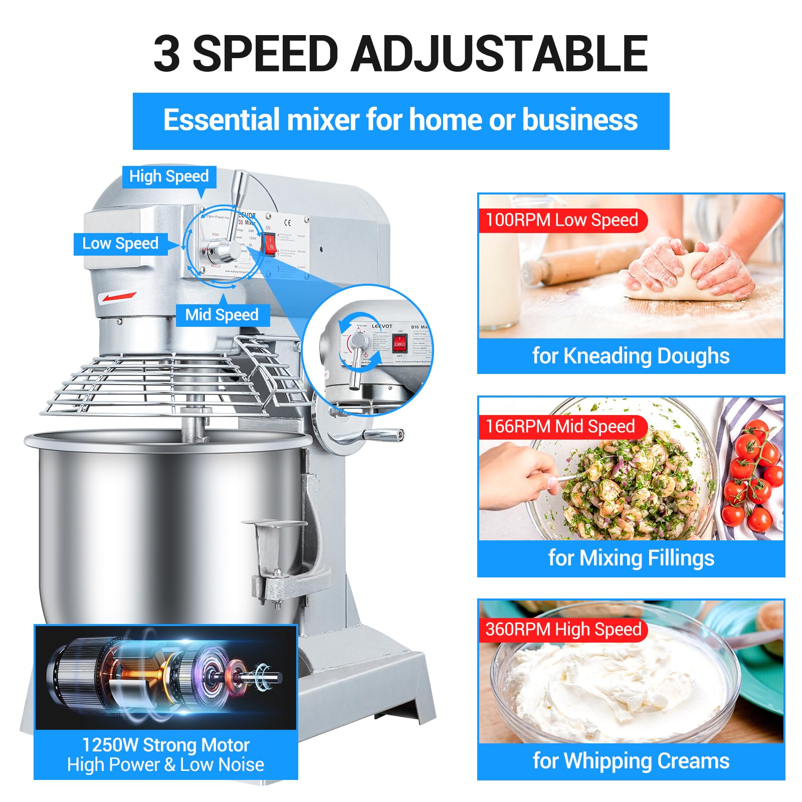 LEEVOT 30Qt Commercial Food Mixer, Commercial Dough Mixer 1250W 3-Speeds Adjustable, Heavy Duty Electric Stand Mixer with Stainless Steel Bowl for Kitchenaid and Pizzeria (Simple)