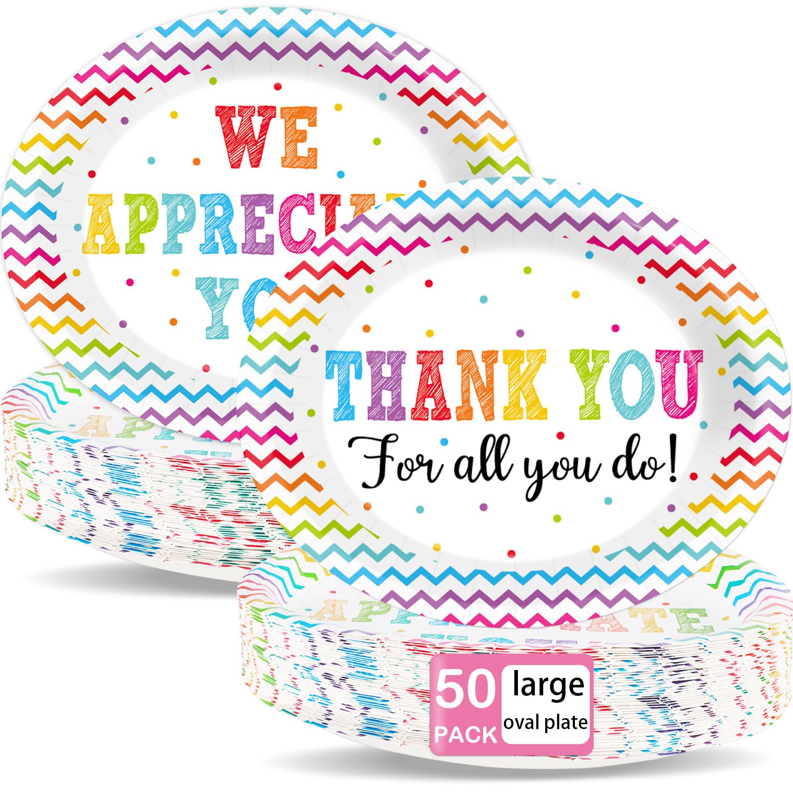 50 PCS Thank You Party Decoration We Appreciate You Oval Paper Plates 11inch Large Volunteer Teacher Appreciation Platters, Be Thankful to Teacher Doctor Staff Dish Tray for Graduate Party Tableware