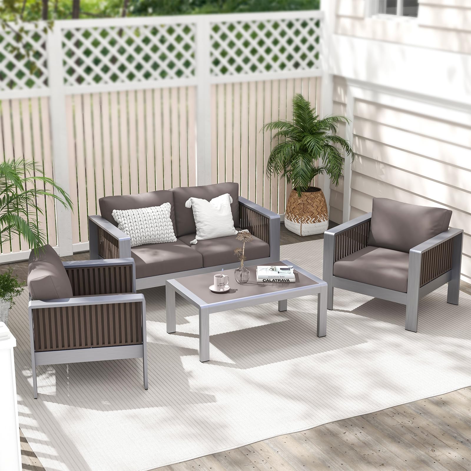 Tangkula Patio Aluminum Loveseat Sofa, Outdoor Furniture Set with Thick Back & Seat Cushions, Outside 2 Seats Sofa Conversation Set for Yard, Balcony, Garden (Gray)