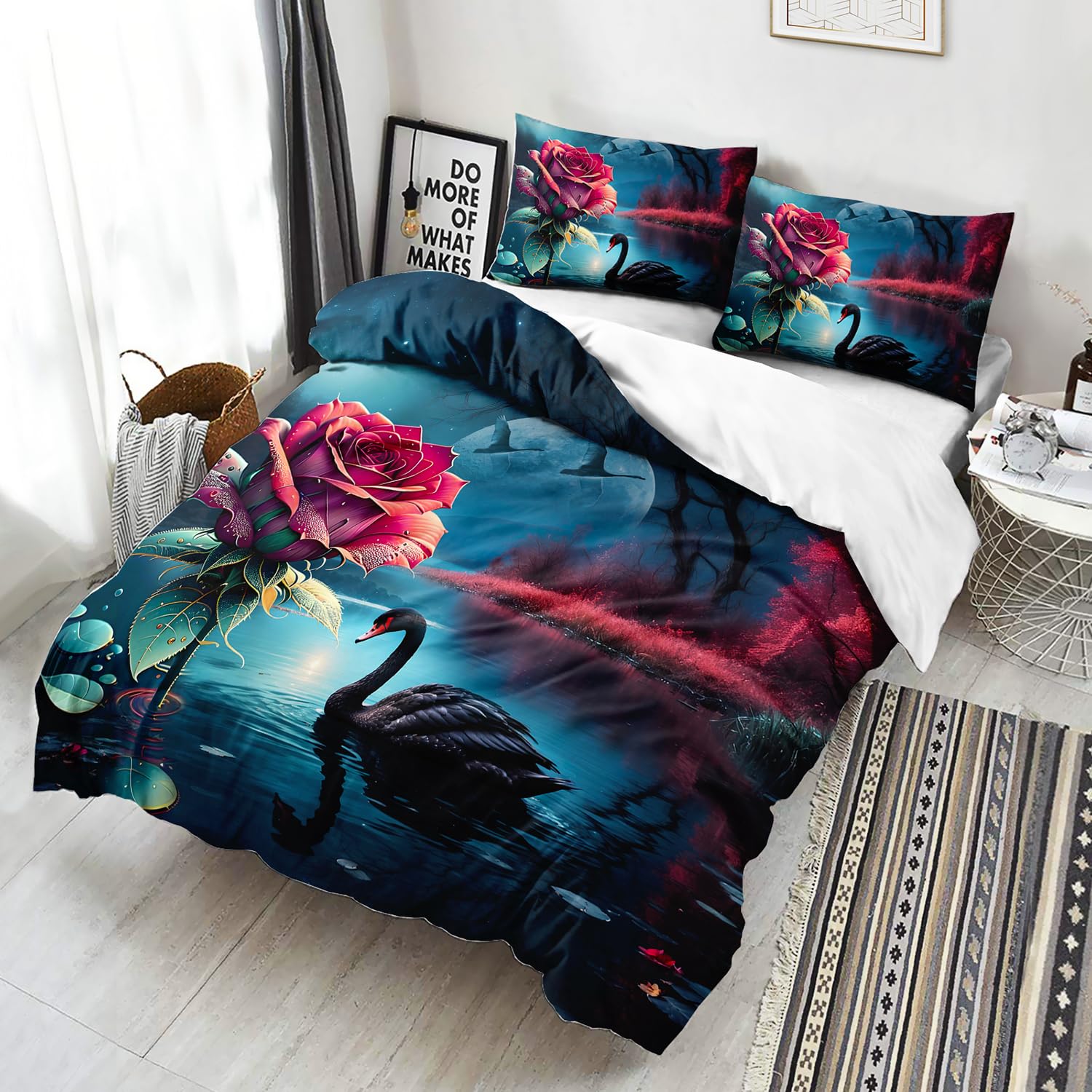 AILONEN Swan Duvet Cover Set, Queen Size, Black Swan Bedding Set for Gilrs Women Lover,Swan Lake with Red Rose Comforter Cover,Moon and Starry Night Duvet Cover,3 Pieces,1 Quilt Cover + 2 Pillowcase