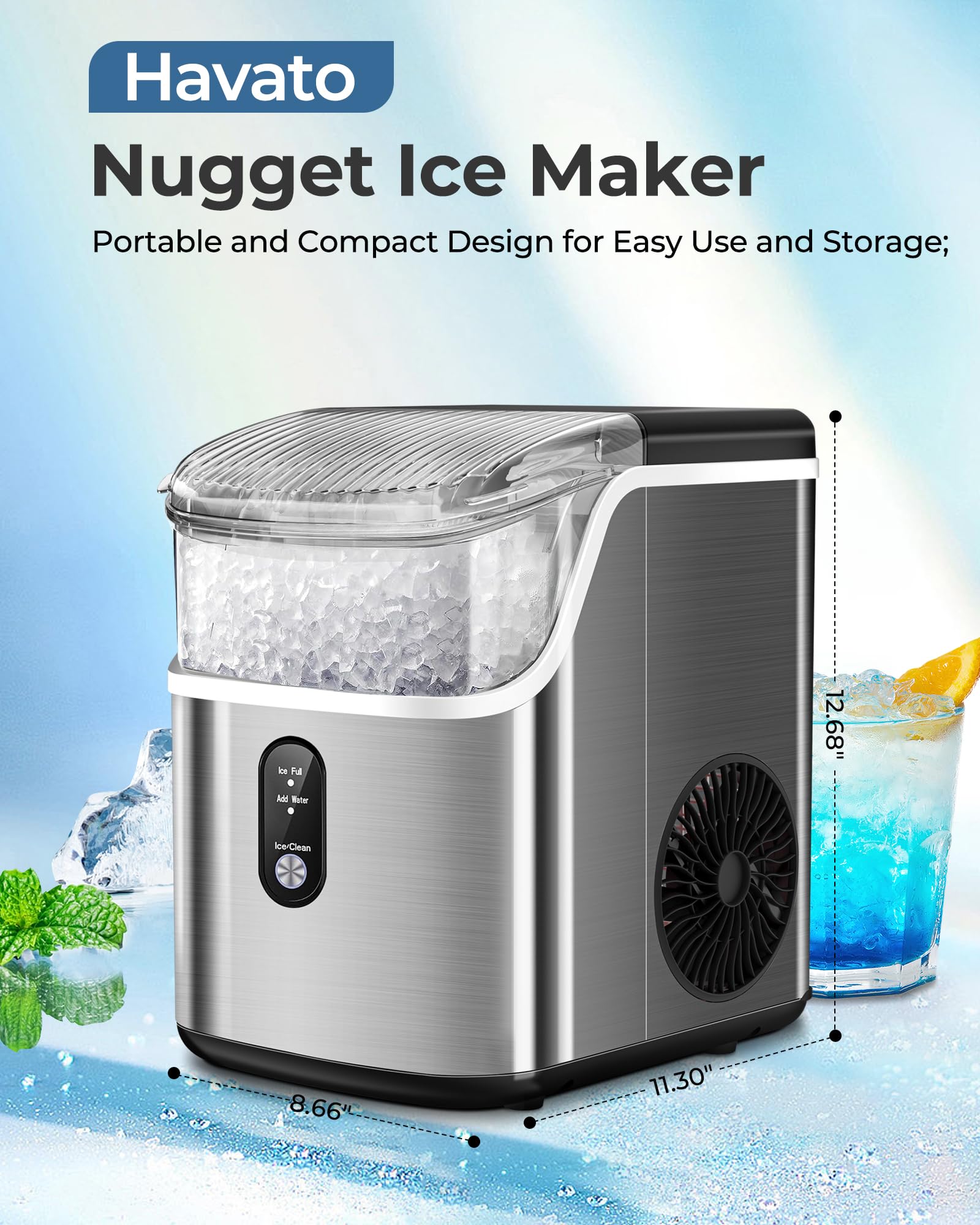 Havato Nugget Ice Maker Countertop with Soft Chewable Pellet Ice,Pebble Portable Ice Machine with Ice Scoop, 34lb in 24Hrs, One-Click Operation, Self-Cleaning, Stainless