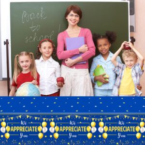 CHUNNIN 3pcs We Appreciate You Table Cloth Thank You Decorations for Work Anniversary Party Disposable Plastic Blue and Gold Table Cover for Coworker Employee Volunteer Teacher Appreciation Supplies