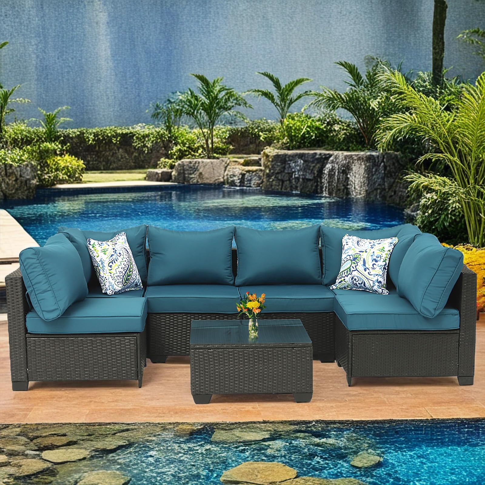 TINASUUS Patio Furniture Sets 7 Pieces, Outdoor Sectional Sets All Weather Conversation Patio Sofa w Cushions and Glass Coffee Table for Porch Poolside Backyard Deck Lawn (Peacock Blue)