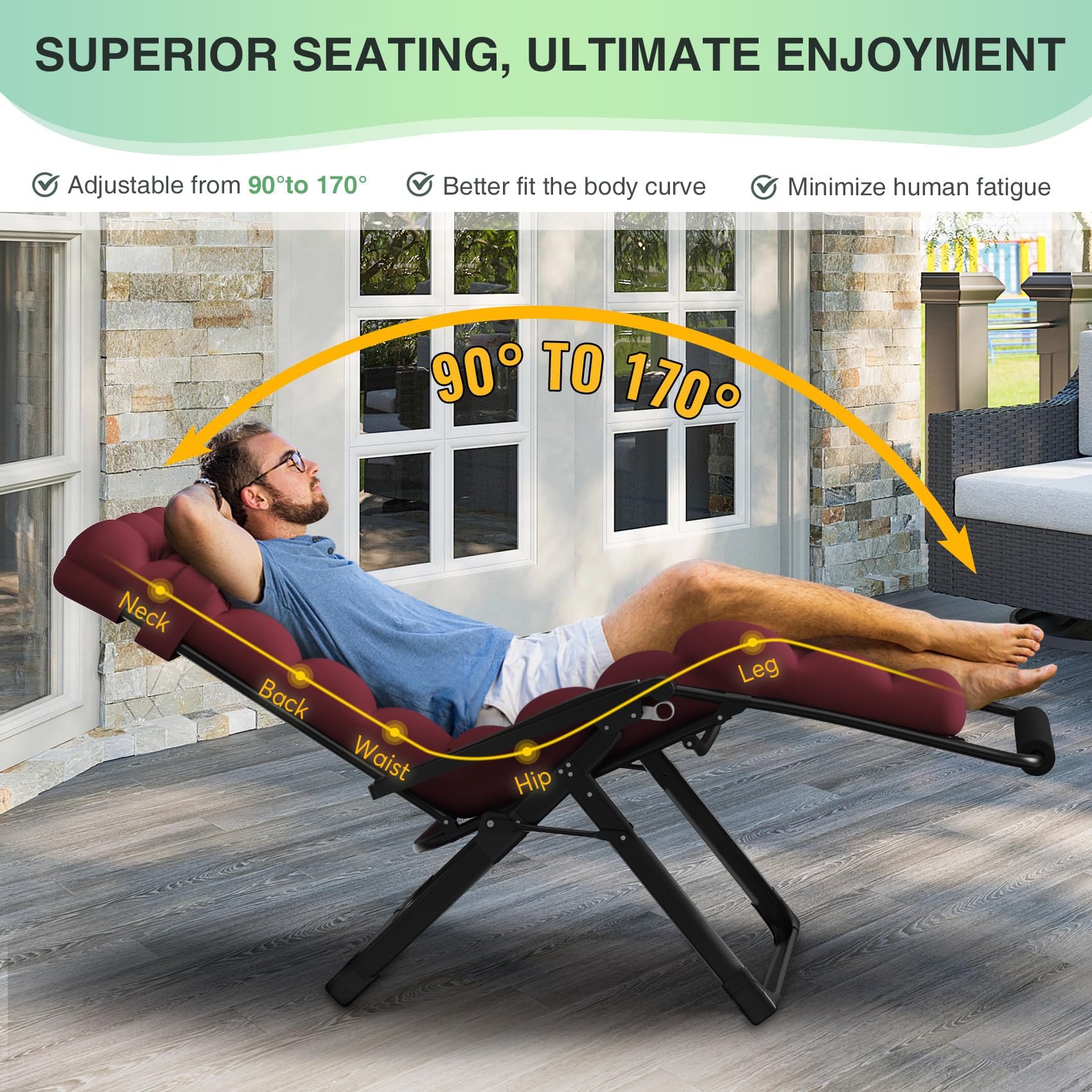 Suteck Oversized Zero Gravity Chair,33In XXL Lounge Chair w/Removable Cushion&Headrest, Reclining Camping Chair w/Upgraded Lock and Footrest, Reclining Patio Chairs Recliner for Indoor Outdoor,500LBS