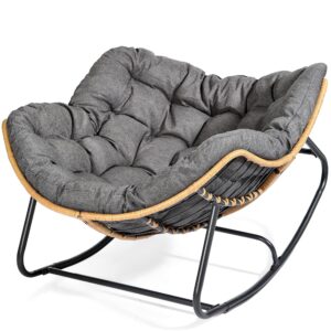 Micleed Outdoor Patio Rocking Chair, Indoor Oversized Chair with Cushion, Wicker Papasan Chair for Living Room, Porch, Garden, Lawn-Dark Grey