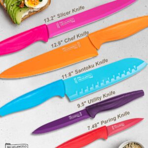 MICHELANGELO Kitchen Knife Set 10 Piece, Rainbow Knife Set for Kitchen, High Carbon Stainless Steel Kitchen Knives Set, Kitchen Knife Set with Covers, Colorful Knife Set- 5 Knives and 5 Knife Covers