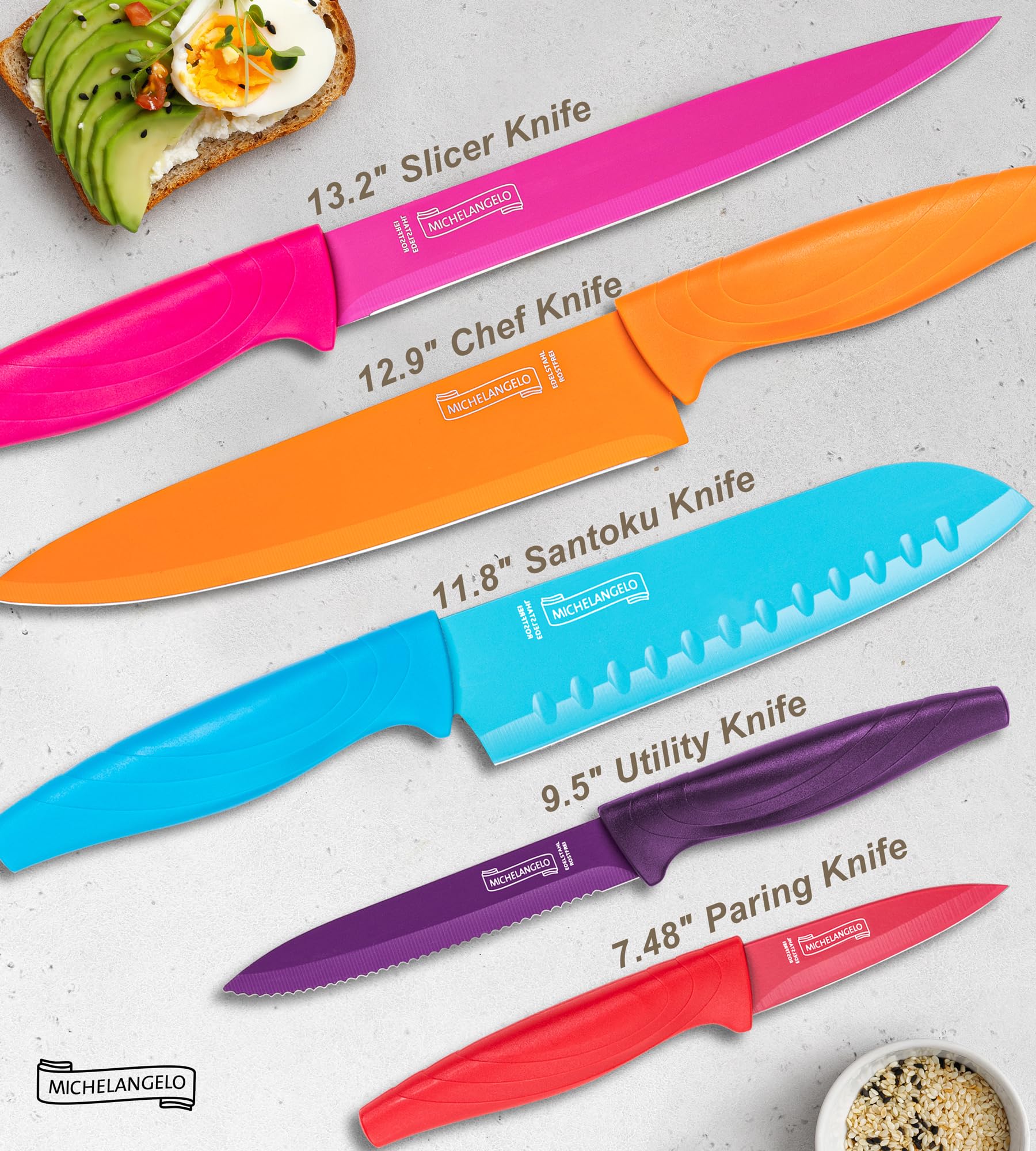 MICHELANGELO Kitchen Knife Set 10 Piece, Rainbow Knife Set for Kitchen, High Carbon Stainless Steel Kitchen Knives Set, Kitchen Knife Set with Covers, Colorful Knife Set- 5 Knives and 5 Knife Covers