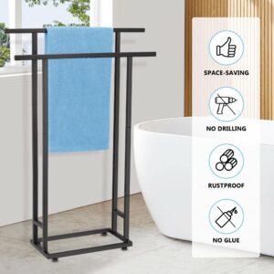 Standing Towel Racks for Bathroom, 2 Tier Bathroom Floor Free Standing Towel Rack, Tall Enough Pool Towel Rack Outdoor Stand for Drying Storage Towels, Black Freestanding Blanket Holder, ALHAKIN