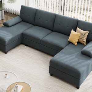 JAMFLY Sectional Sofa Couches for Living Room Clearance Set, U Shaped Couch 4 Seat Sofa Set with Double Chaise, Dark Grey