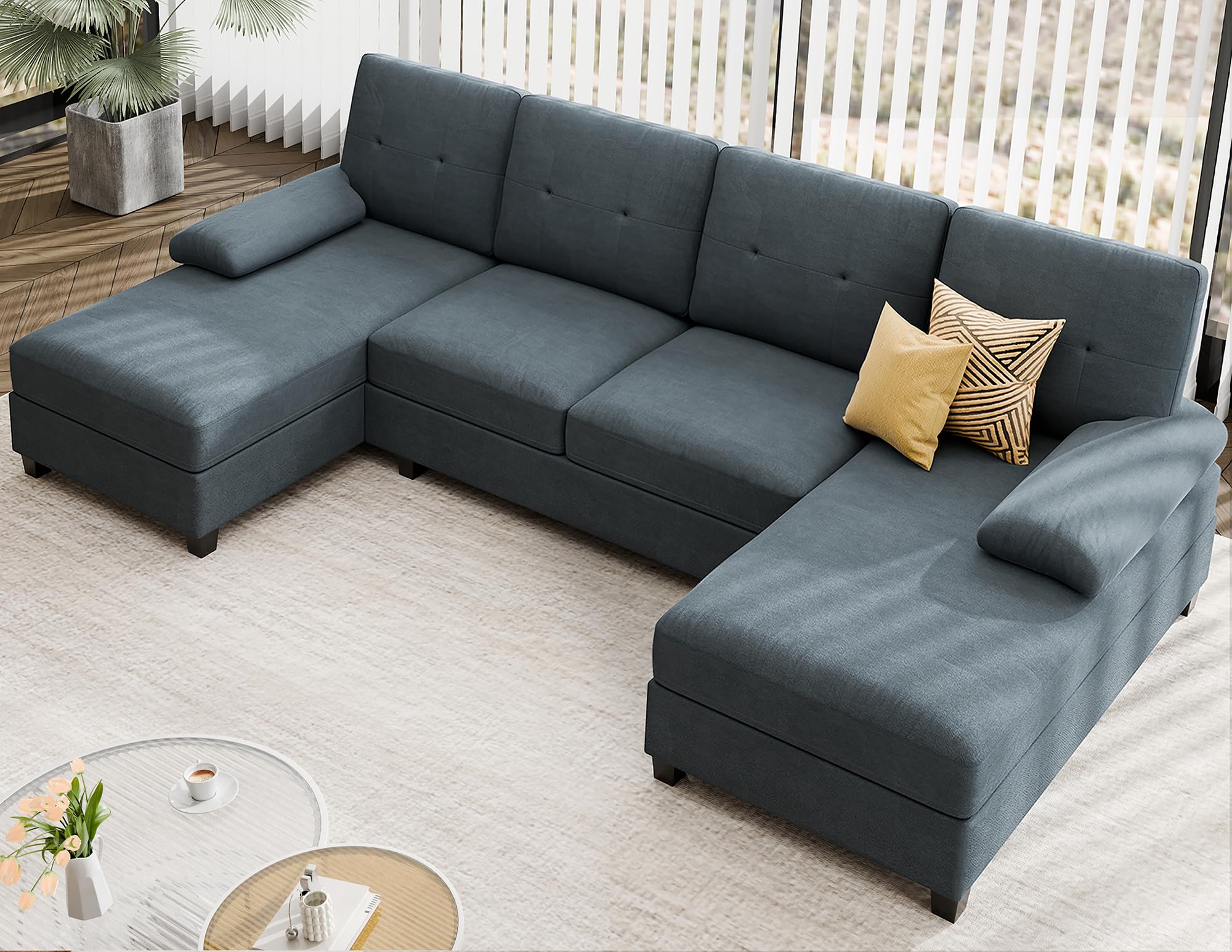 JAMFLY Sectional Sofa Couches for Living Room Clearance Set, U Shaped Couch 4 Seat Sofa Set with Double Chaise, Dark Grey