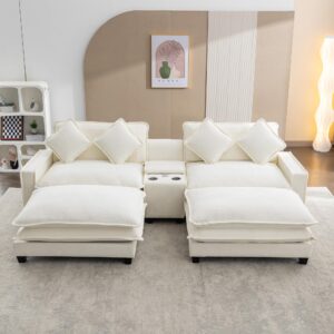 p purlove sectional sofa with 2 removable ottomans, chenille upholstered sofa with 2 usb ports, 2 cup holders and large storage box for living room, beige