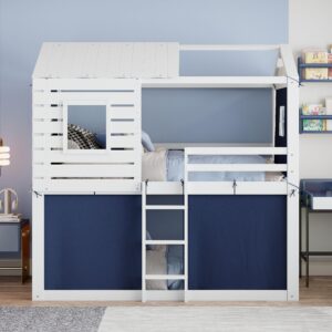 Linique Twin Size Bunk Wood House Bed with Blue Tent,Window,House Roof Design,Twin Size Floor Bunkbeds Frame for Boys & Girls,Blue+White