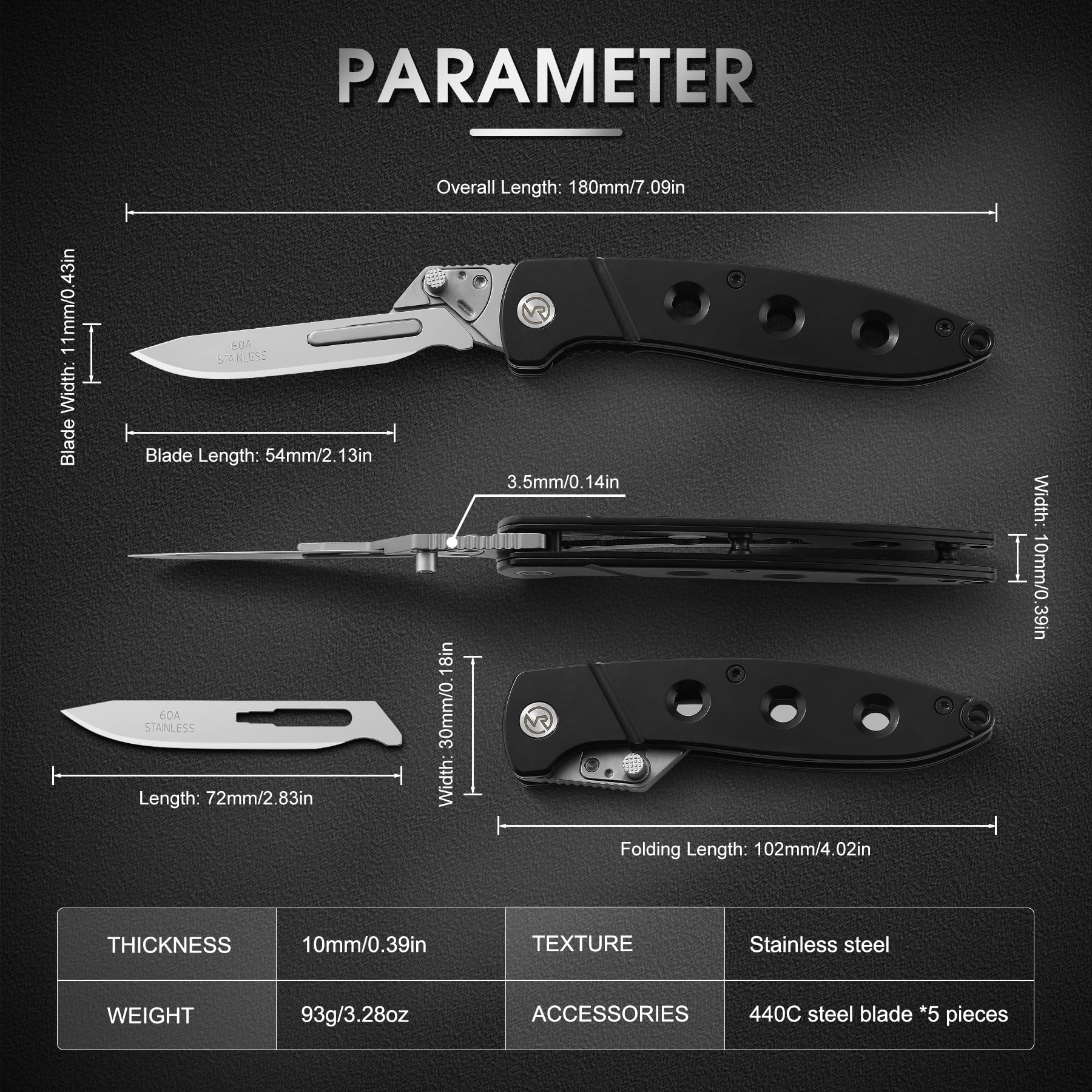 VR VIREN KNIFE Folding Scalpel Pocket Knife，EDC Utility Knife with 6pcs #60A Replaceable Blades，Outdoor Knife，Sharp Skinning Knives for Hunting, Fishing, Deer & Survival