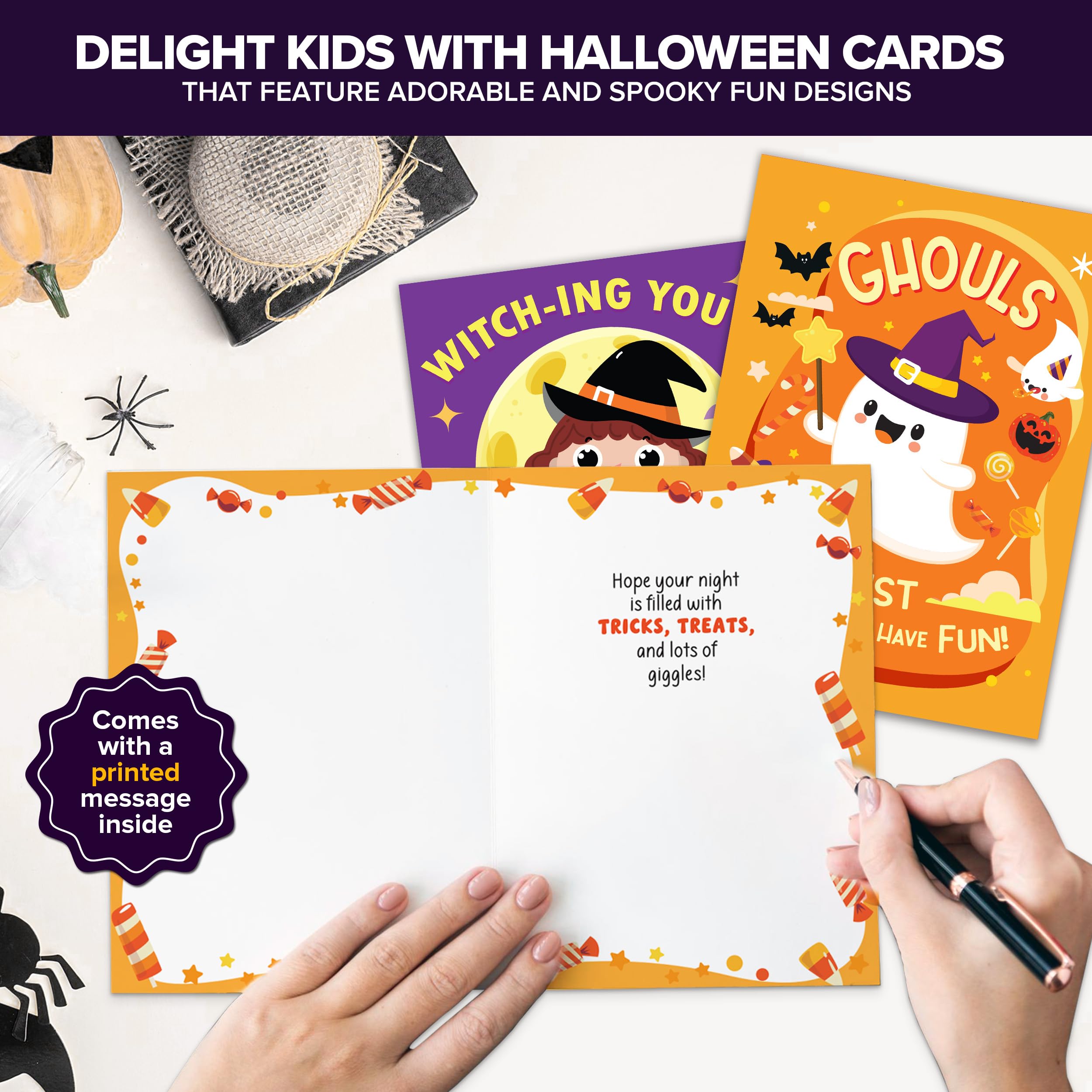 Decorably 16 Pack Halloween Cards with Envelopes & Stickers, 8 Designs Printed Message Inside Halloween Cards for Kids, 5x7in Halloween Cards and Envelopes for Kids, Halloween Greeting Cards for Kids