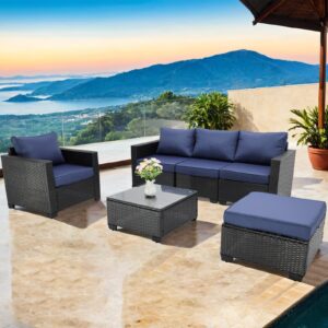 TINASUUS 6 Pieces Patio Furniture Sets, All-Weather Outdoor Furniture Wicker Patio Conversation Set Outdoor Sectional w Cushions for Porch Poolside Backyard Deck Lawn (Coffee-Dark Blue)