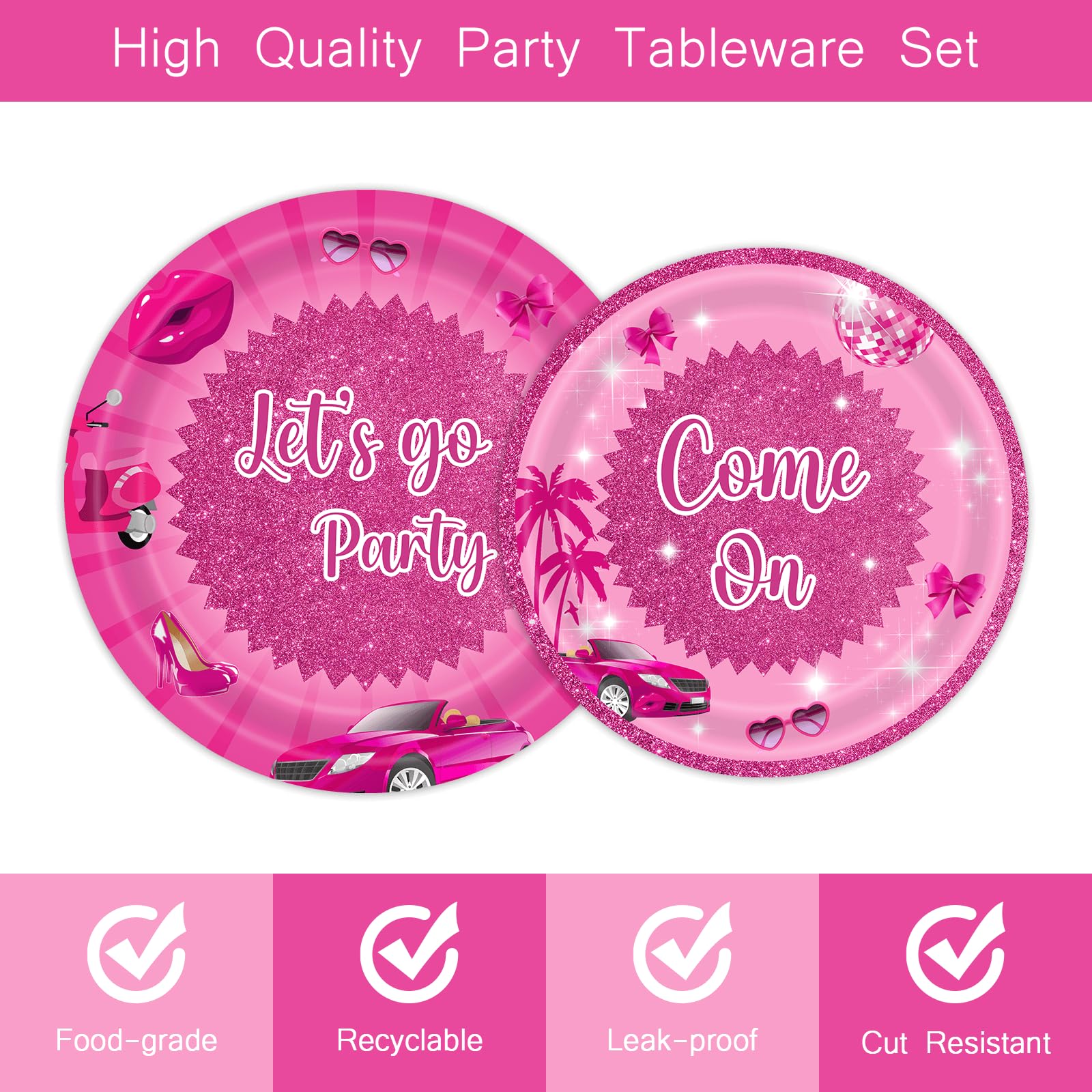 96 Pcs Let's Go Party Pink Plates and Napkins Party Supplies Kids Girls Bachelorette Bridal Shower Hot Pink Princess Happy Birthday Tableware Set Disco Table Decorations Favors Serves 24 Guests