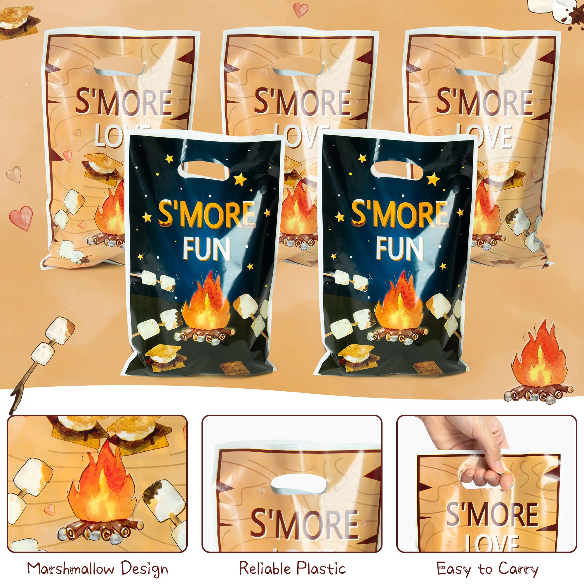 ArowlWesh S’more Camping Party Favor Bags - 50Pcs Plastic S’more Love Candy Treat Gift Bag with Handles Fun Snack Goodie Bags Campfire Camping Party S’more Birthday Supplies Baby Shower Wedding Decor