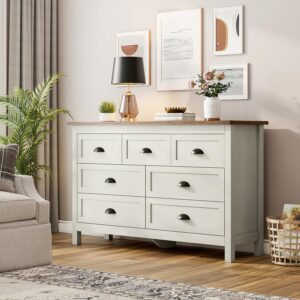 wananlanen farmhouse 7 drawer dresser for bedroom, antique double dresser & chest of drawer with vintage handle and storage, wood rustic dresser organizer for living room, hallway(antique white)