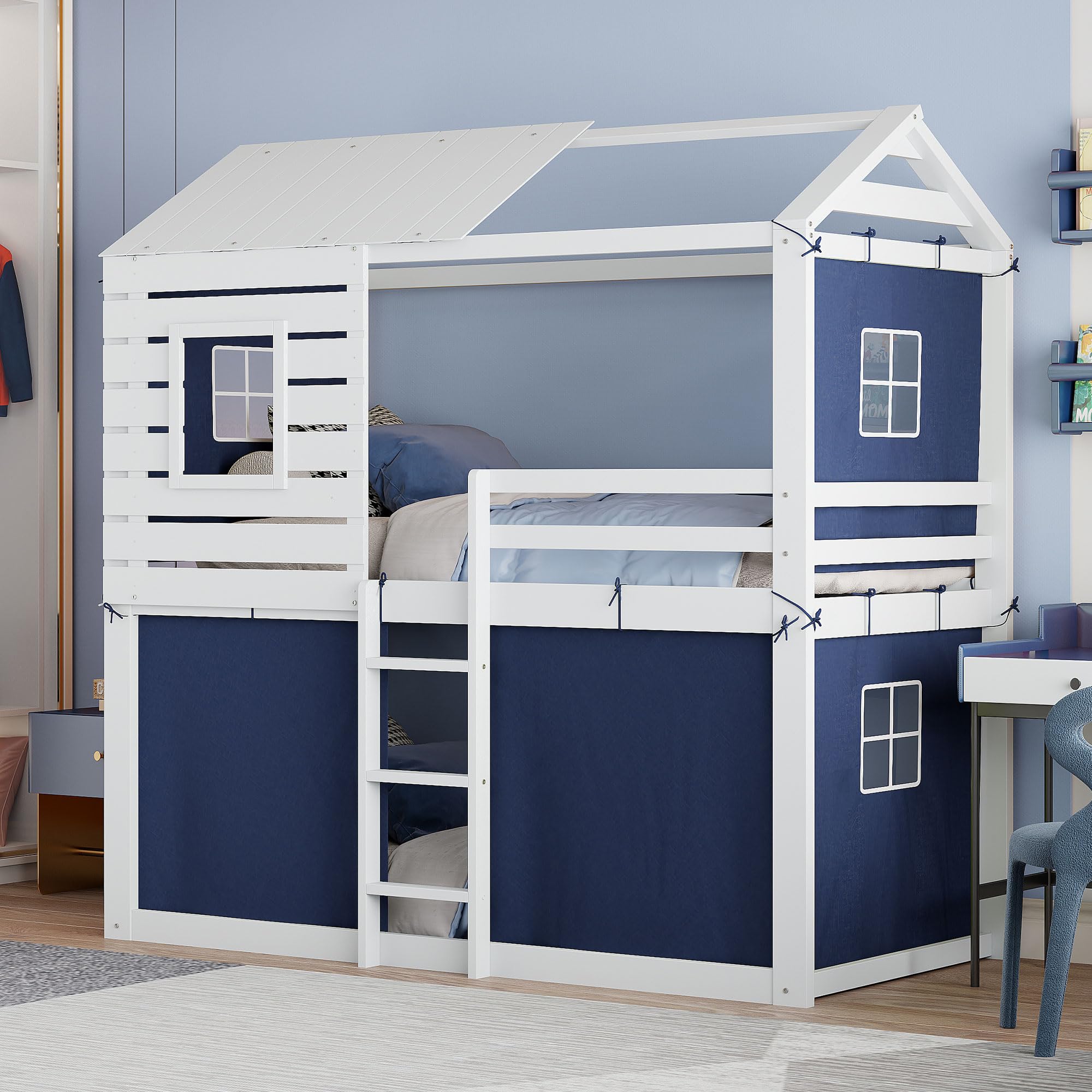 Linique Twin Size Bunk Wood House Bed with Blue Tent,Window,House Roof Design,Twin Size Floor Bunkbeds Frame for Boys & Girls,Blue+White