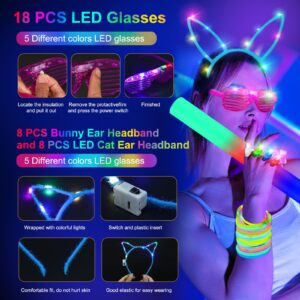 OLUPP 282 PCS Glow Party Supplies, 18PCS Foam Glow Sticks, 18PCS LED Glasses, 200PCS Glow Sticks, 30PCS Finger Lights, 8PCS Bunny Ear Headband and 8PCS LED Cat Ear Headband for Glow Party,Birthday