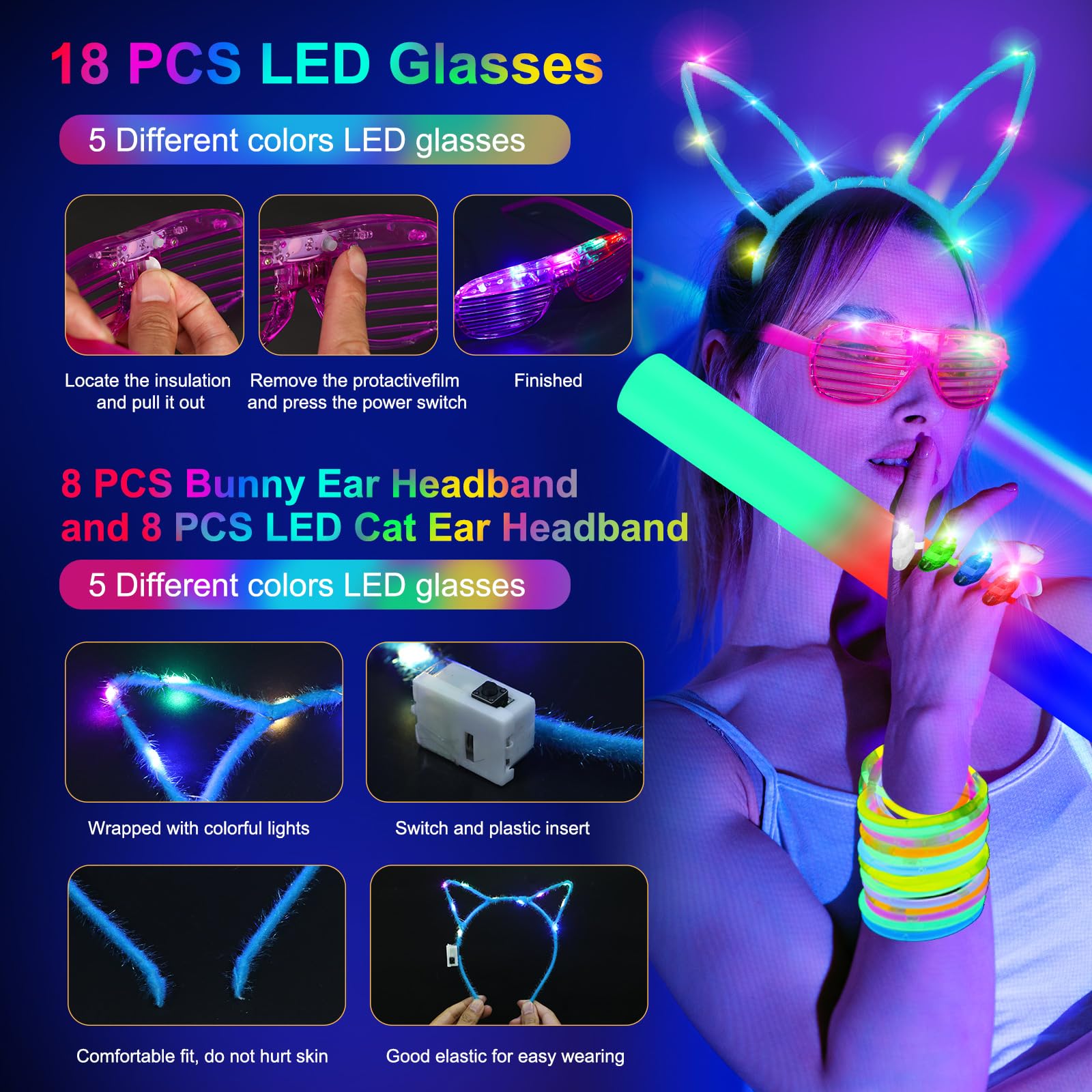 OLUPP 282 PCS Glow Party Supplies, 18PCS Foam Glow Sticks, 18PCS LED Glasses, 200PCS Glow Sticks, 30PCS Finger Lights, 8PCS Bunny Ear Headband and 8PCS LED Cat Ear Headband for Glow Party,Birthday