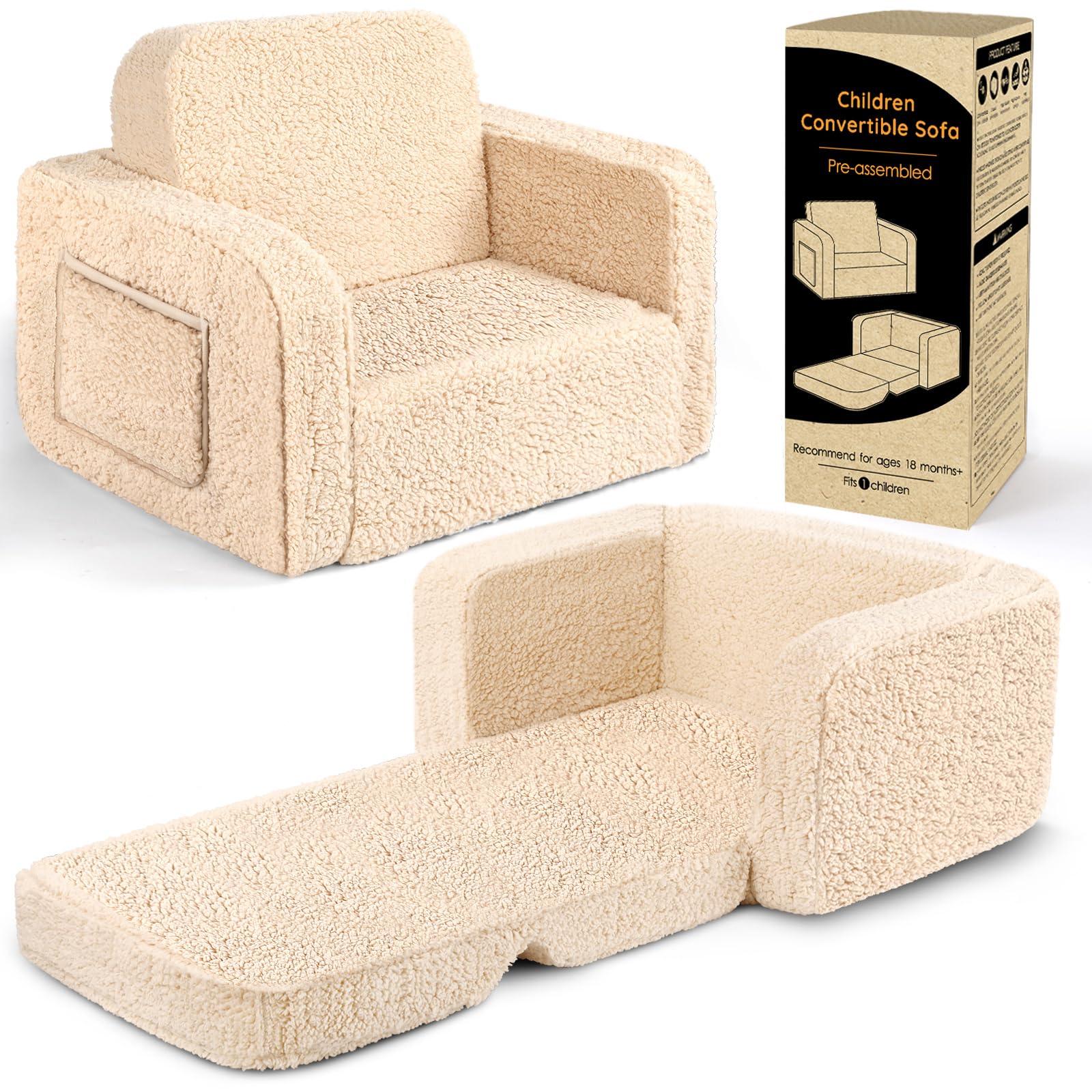 ACRABROS Kids Couch Toddler Chair: Sofa Bed Fold Out for Girls Boys Beige