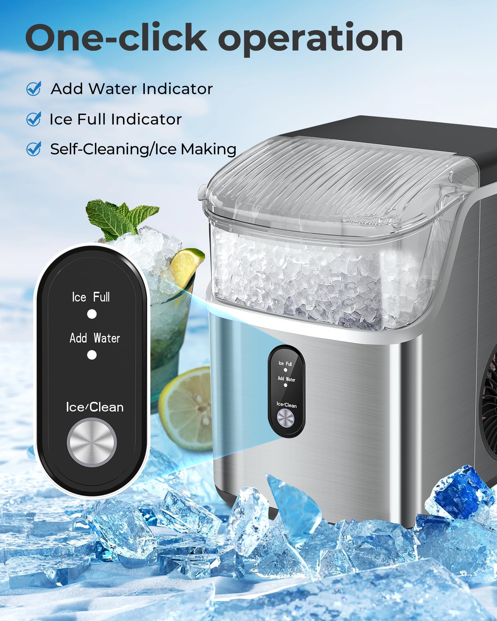 Havato Nugget Ice Maker Countertop with Soft Chewable Pellet Ice,Pebble Portable Ice Machine with Ice Scoop, 34lb in 24Hrs, One-Click Operation, Self-Cleaning, Stainless