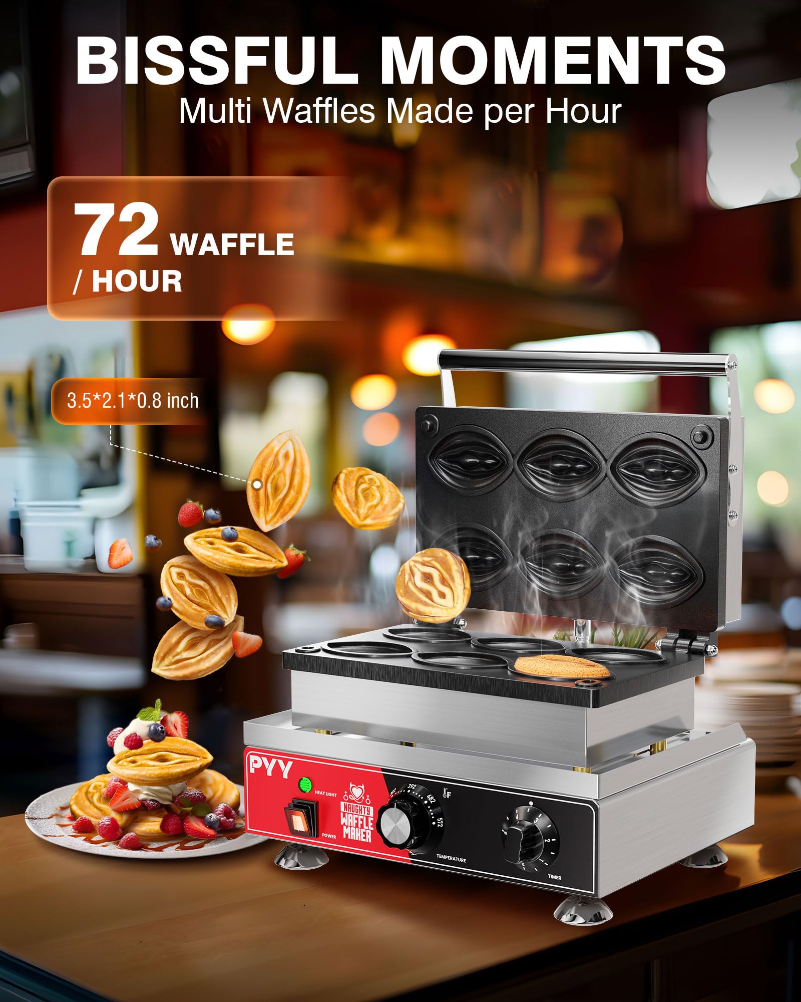 PYY Commercial Waffle Maker - 6pcs Strange Shape Abalone Waffle Iron Machine, Electric Stainless Steel Double Sided Removable Plates, 1600W 122-572℉ Temp Control | Black Non-stick Coating | Crumb Tray