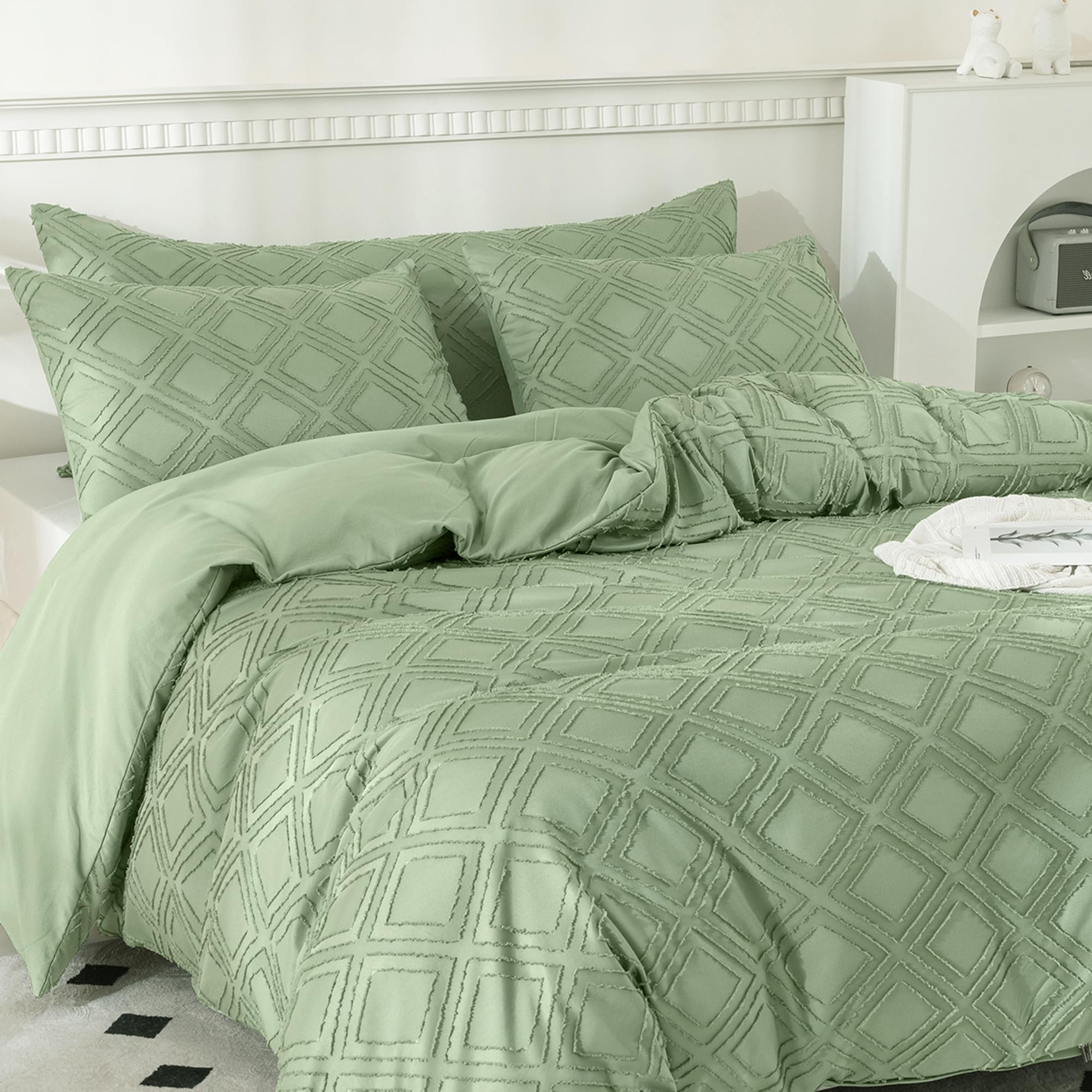 JELLYMONI Light Green Duvet Cover Twin Size - 3 PCS Microfiber Tufted Duvet Cover Set, Boho Textured Duvet Cover Jacquard Rhombus Geometric Pattern Duvet Cover with Corner Ties & Zipper Closure