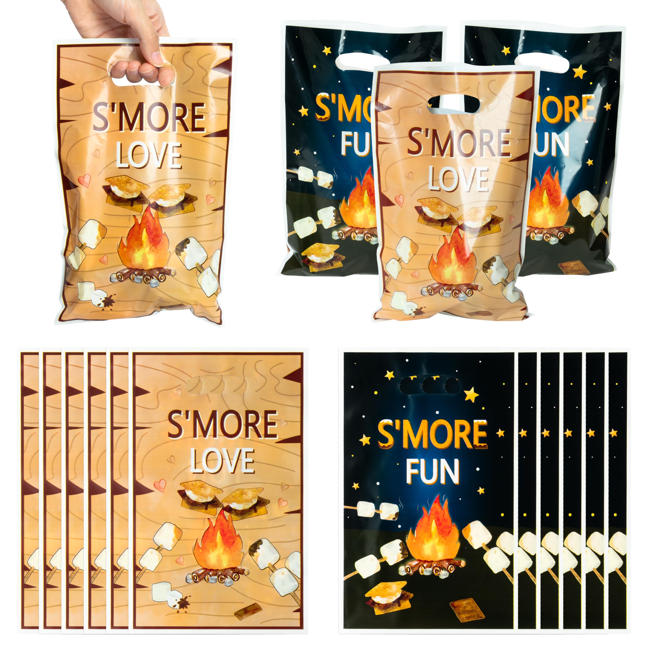 ArowlWesh S’more Camping Party Favor Bags - 50Pcs Plastic S’more Love Candy Treat Gift Bag with Handles Fun Snack Goodie Bags Campfire Camping Party S’more Birthday Supplies Baby Shower Wedding Decor