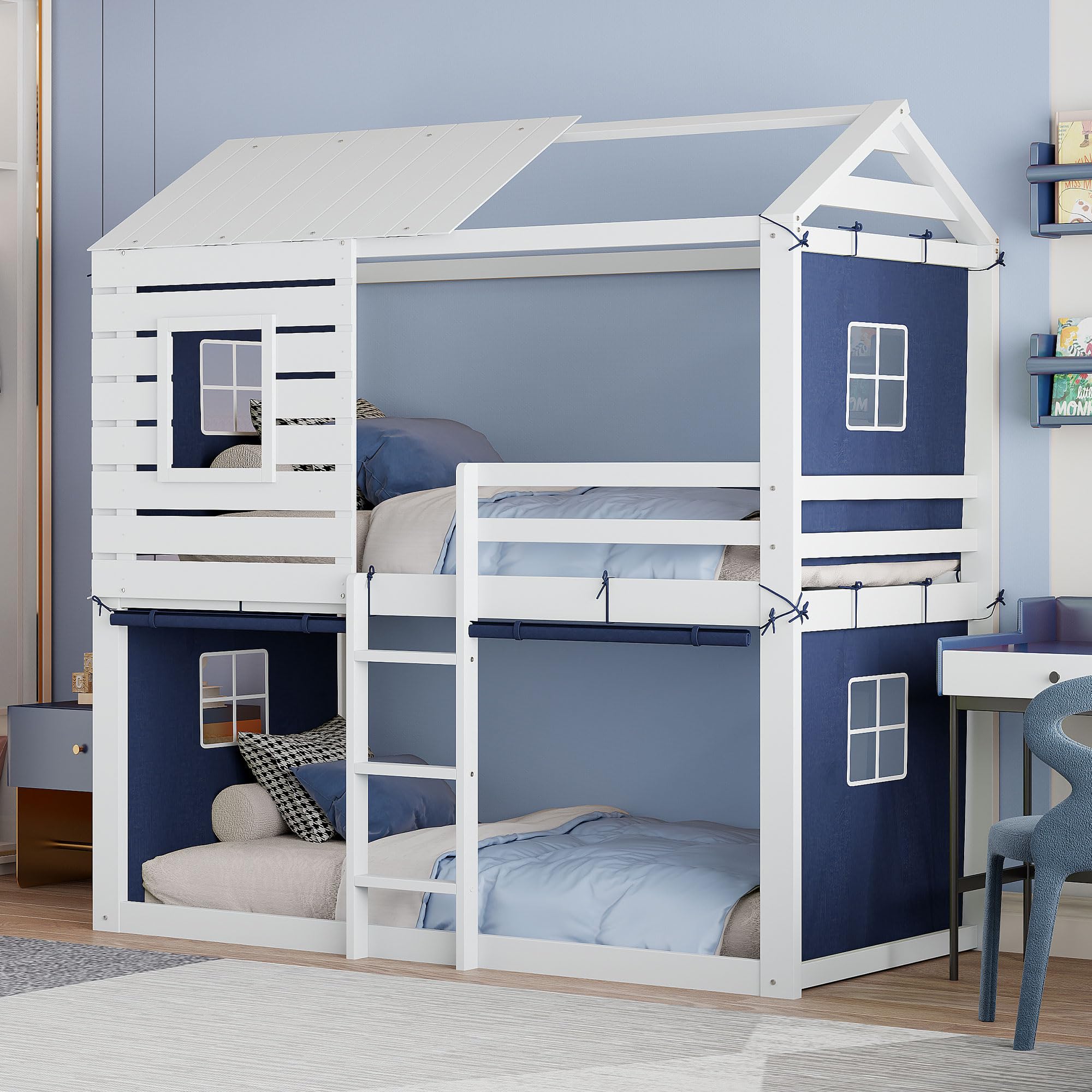 Linique Twin Size Bunk Wood House Bed with Blue Tent,Window,House Roof Design,Twin Size Floor Bunkbeds Frame for Boys & Girls,Blue+White