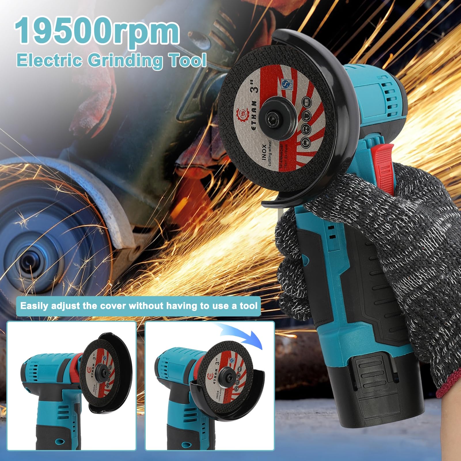 yoakaiax Cordless Angle Grinder, Power Angle Grinders 12V Battery Mini Brushless Power Motor 19500rpm Angle Grinder for Metal Wood Polishing, Thin Steel, Hand Cut Off Electric Grinding Tool Blue