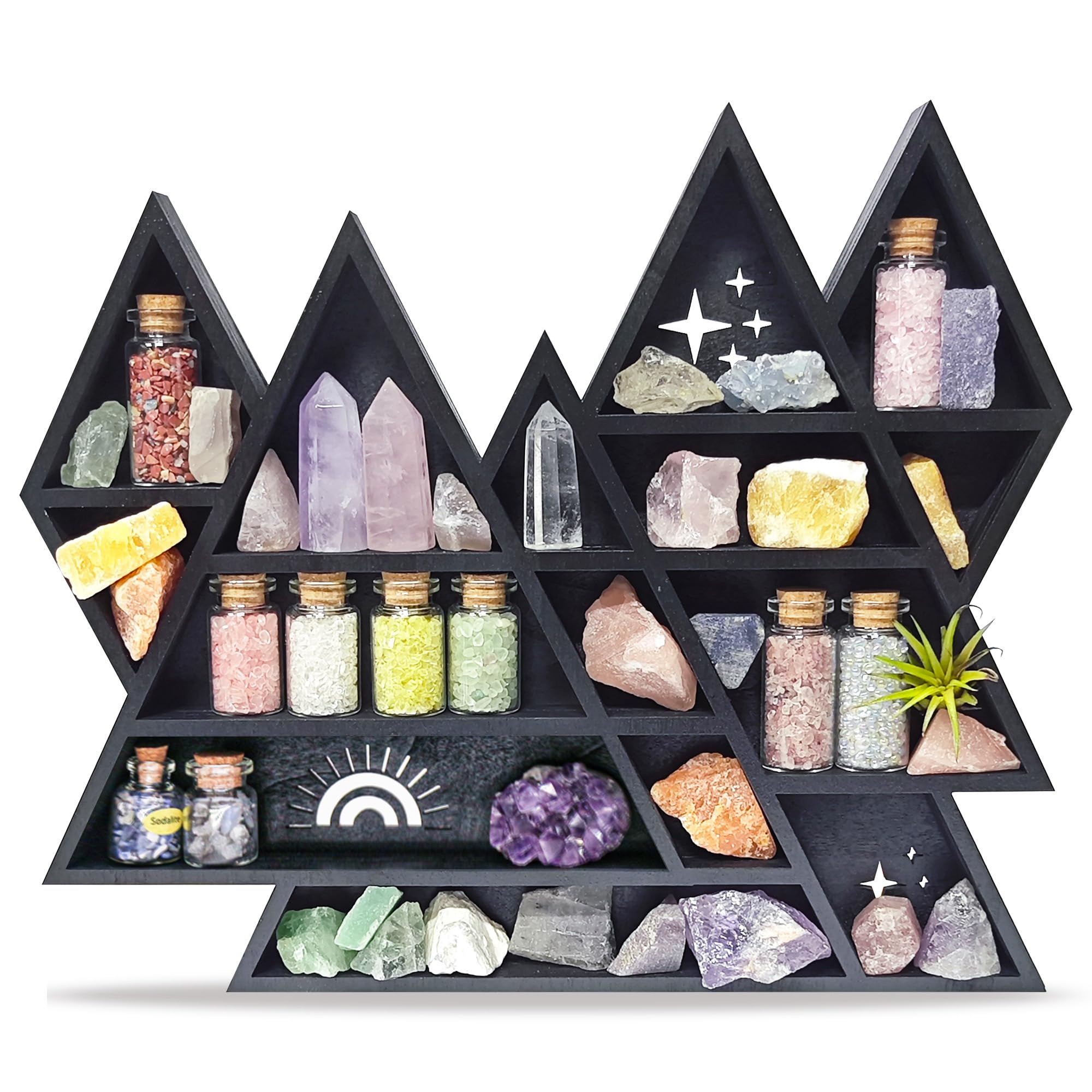 FNYDOX Mountain Crystal Shelf Display for Wall, Wooden Triangle Rock Gem Stone Storage Holder, Meditation Room Decor Spiritual Gift, Wall Hanging Organizer for Trinkets, Knick Knacks, Art Collections