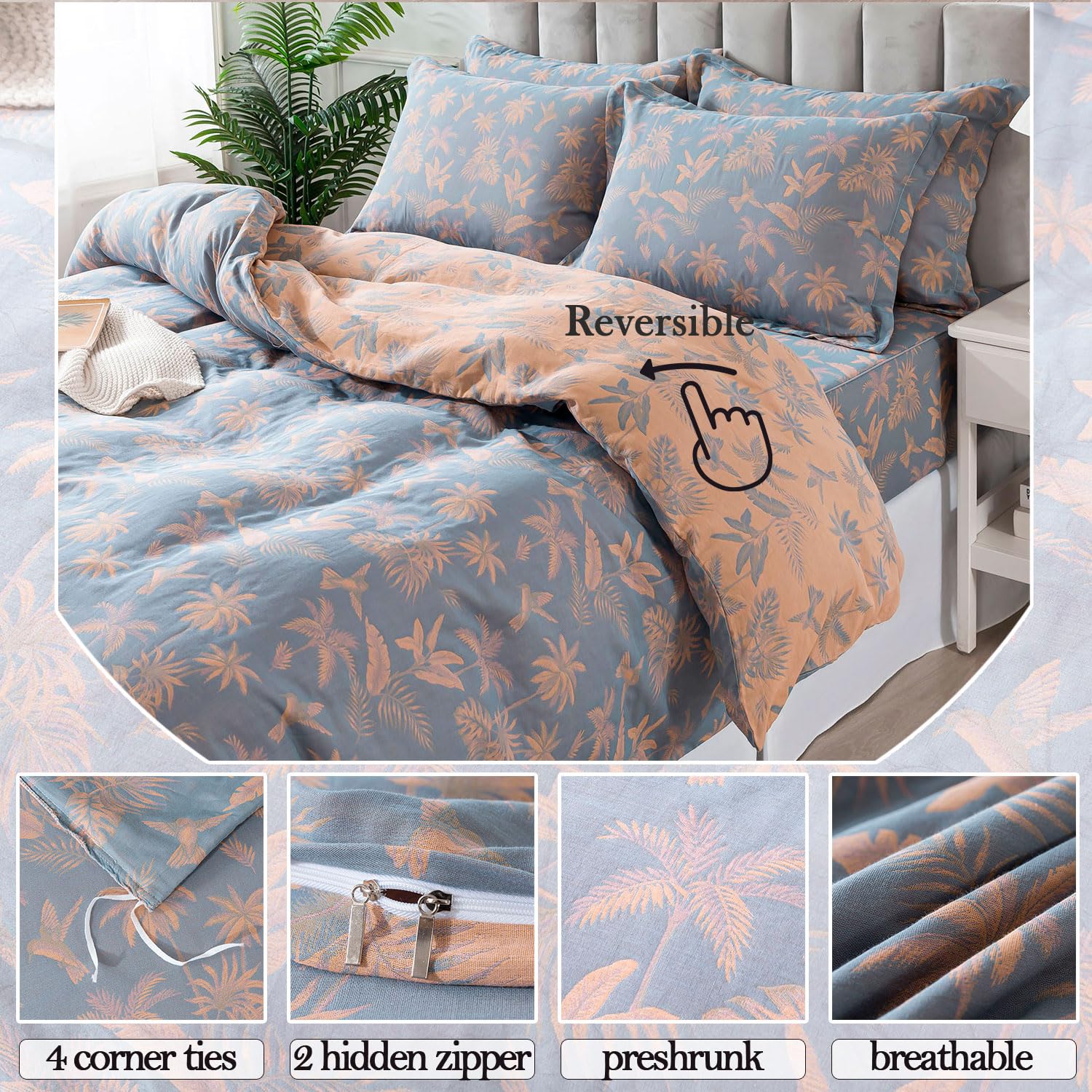 FADFAY Muslin Duvet Cover King Size, Dirty Blue Orange 100% Washed Cotton Double -Layer Tropical Bird Duvet Cover Set, Linen Like Gauze Comforter Cover Set with Zipper Closure & Corner Ties, 3Pcs