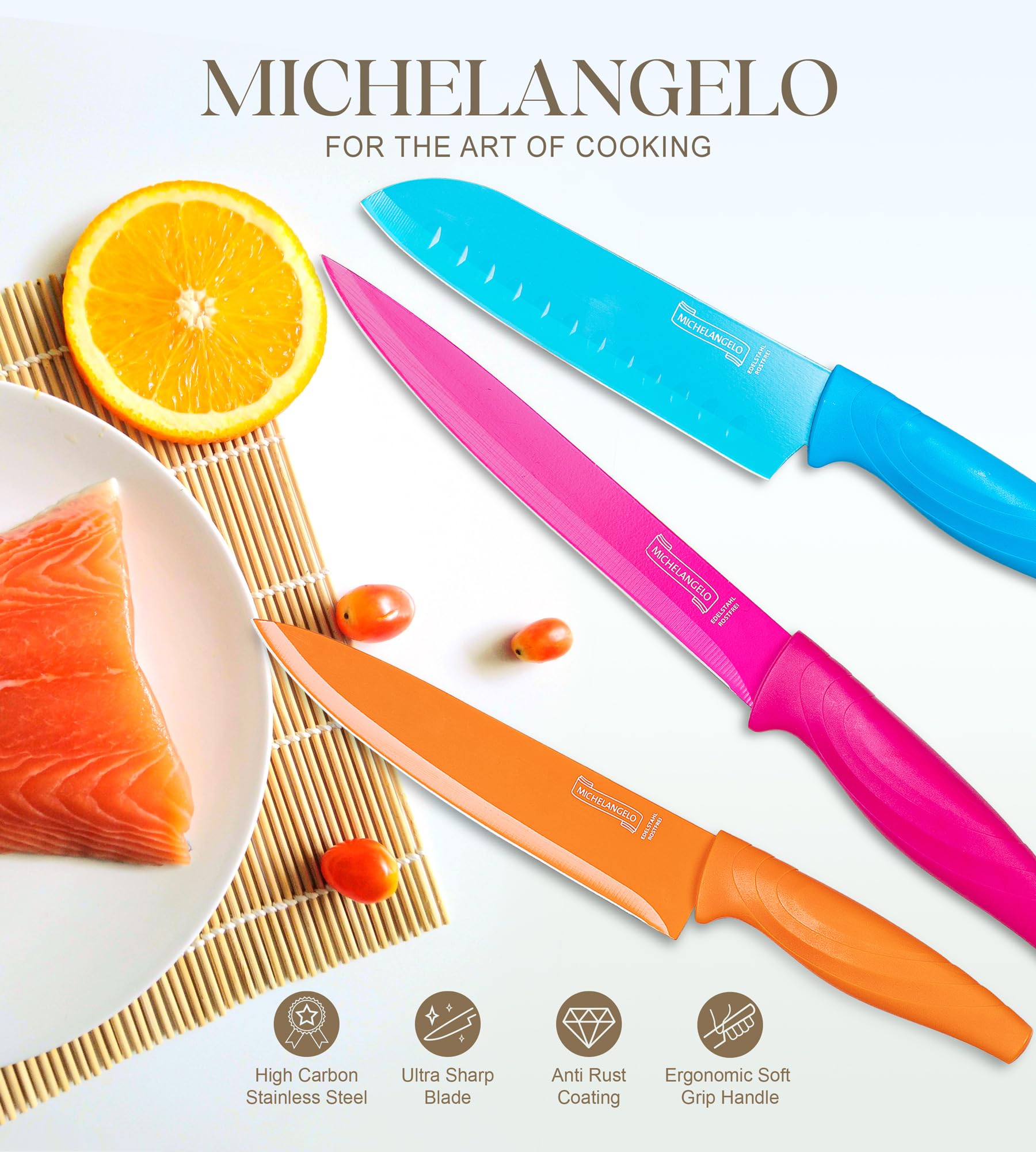 MICHELANGELO Kitchen Knife Set 10 Piece, Rainbow Knife Set for Kitchen, High Carbon Stainless Steel Kitchen Knives Set, Kitchen Knife Set with Covers, Colorful Knife Set- 5 Knives and 5 Knife Covers