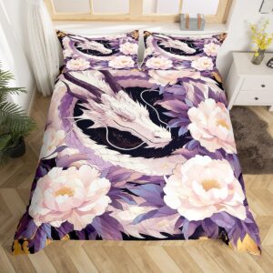 manfei dragon exotic bedding set twin size,wild ancient animal purple dragon starry duvet cover with 1 pillow,artistic white flowers blooming floral quilt cover(no filler),2 pcs