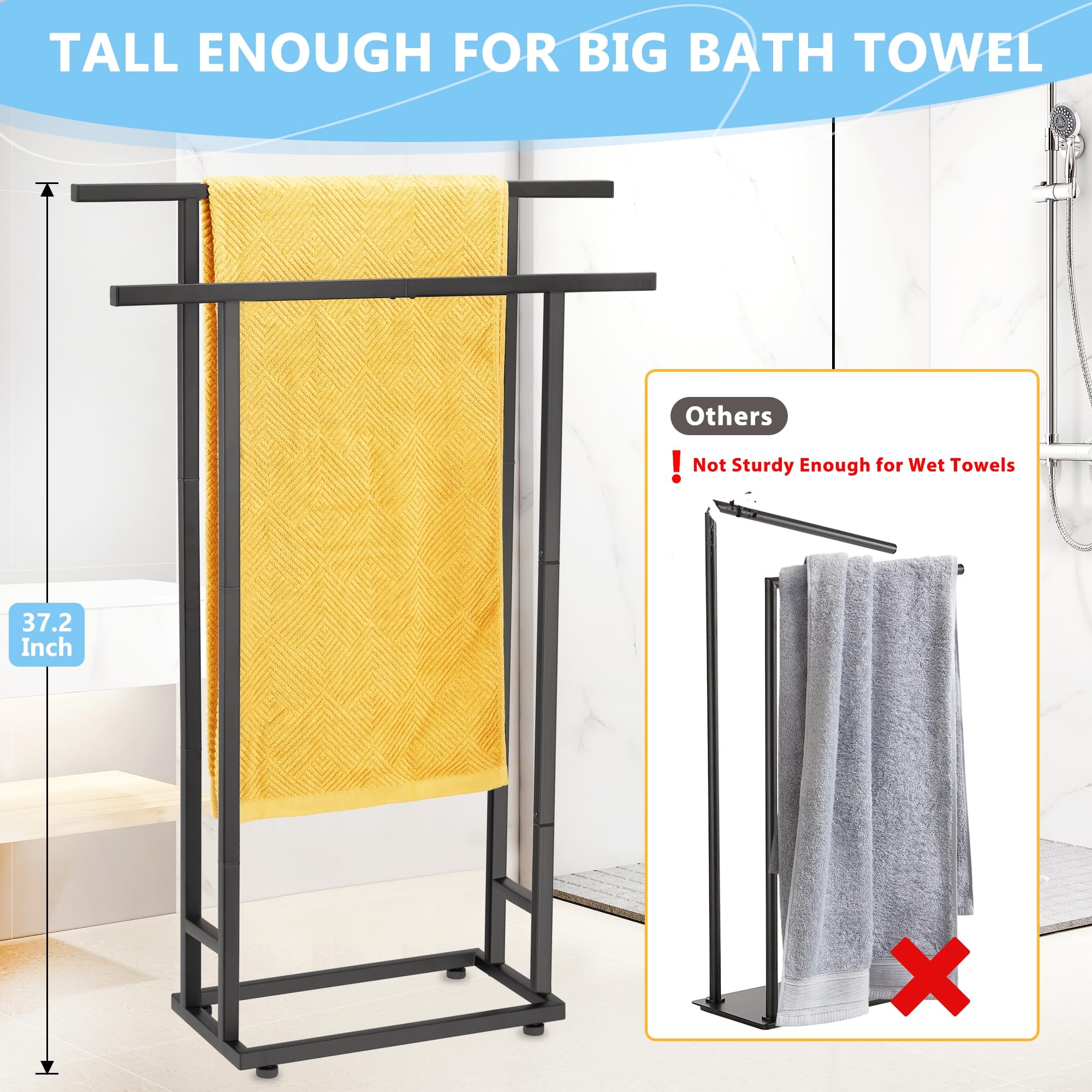 Standing Towel Racks for Bathroom, 2 Tier Bathroom Floor Free Standing Towel Rack, Tall Enough Pool Towel Rack Outdoor Stand for Drying Storage Towels, Black Freestanding Blanket Holder, ALHAKIN