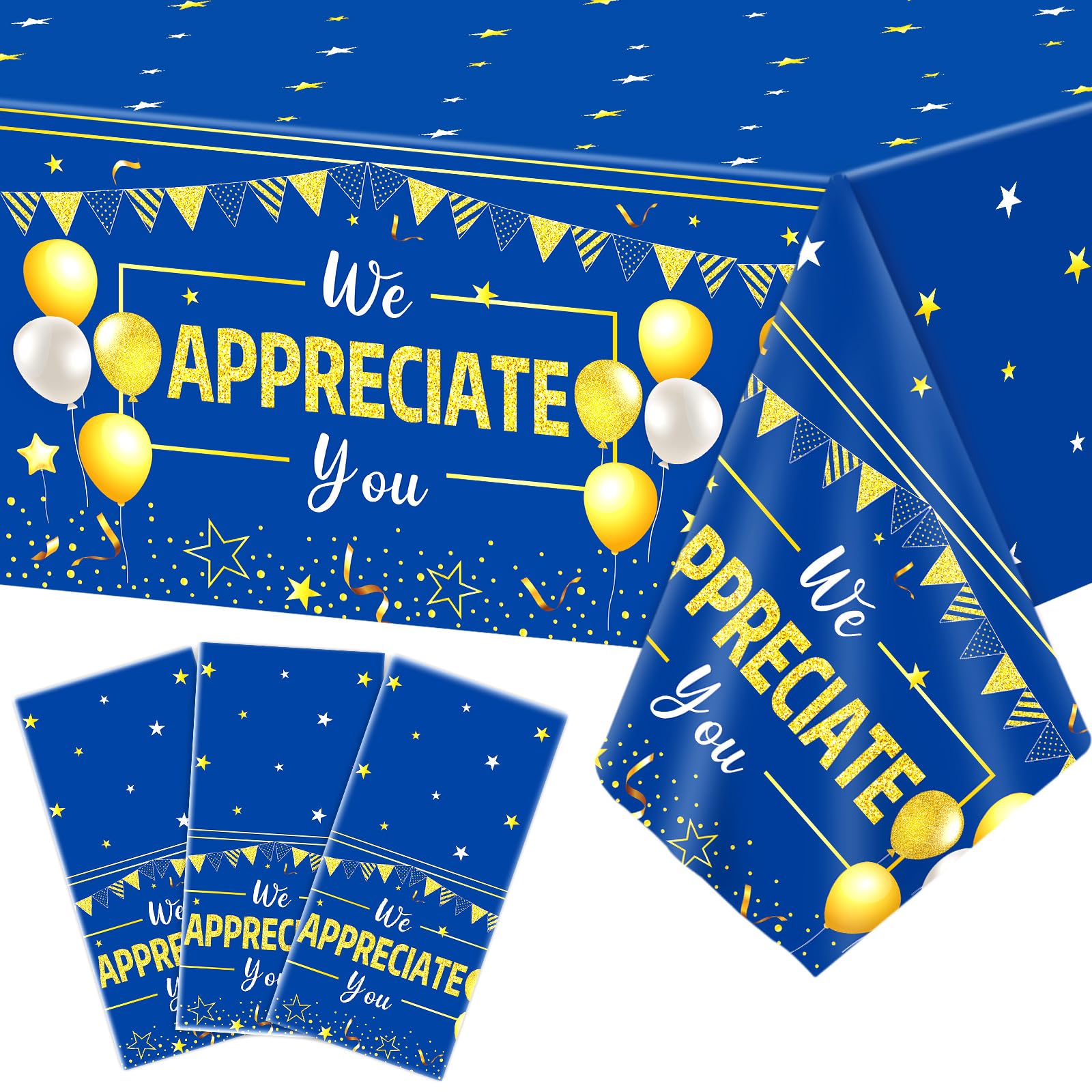 CHUNNIN 3pcs We Appreciate You Table Cloth Thank You Decorations for Work Anniversary Party Disposable Plastic Blue and Gold Table Cover for Coworker Employee Volunteer Teacher Appreciation Supplies