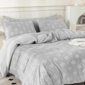 JELLYMONI Light Grey Duvet Cover King Size - 3 PCS Microfiber Tufted Duvet Cover Set, Boho Textured Duvet Cover Jacquard Rhombus Geometric Pattern Duvet Cover with Corner Ties & Zipper Closure