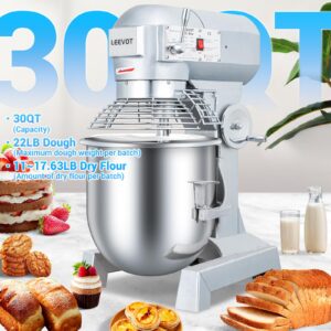 LEEVOT 30Qt Commercial Food Mixer, Commercial Dough Mixer 1250W 3-Speeds Adjustable, Heavy Duty Electric Stand Mixer with Stainless Steel Bowl for Kitchenaid and Pizzeria (Simple)