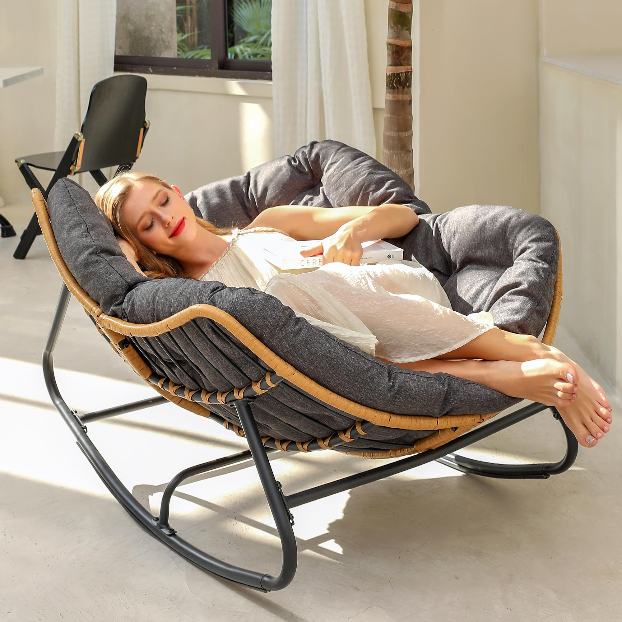 Micleed Outdoor Patio Rocking Chair, Indoor Oversized Chair with Cushion, Wicker Papasan Chair for Living Room, Porch, Garden, Lawn-Dark Grey