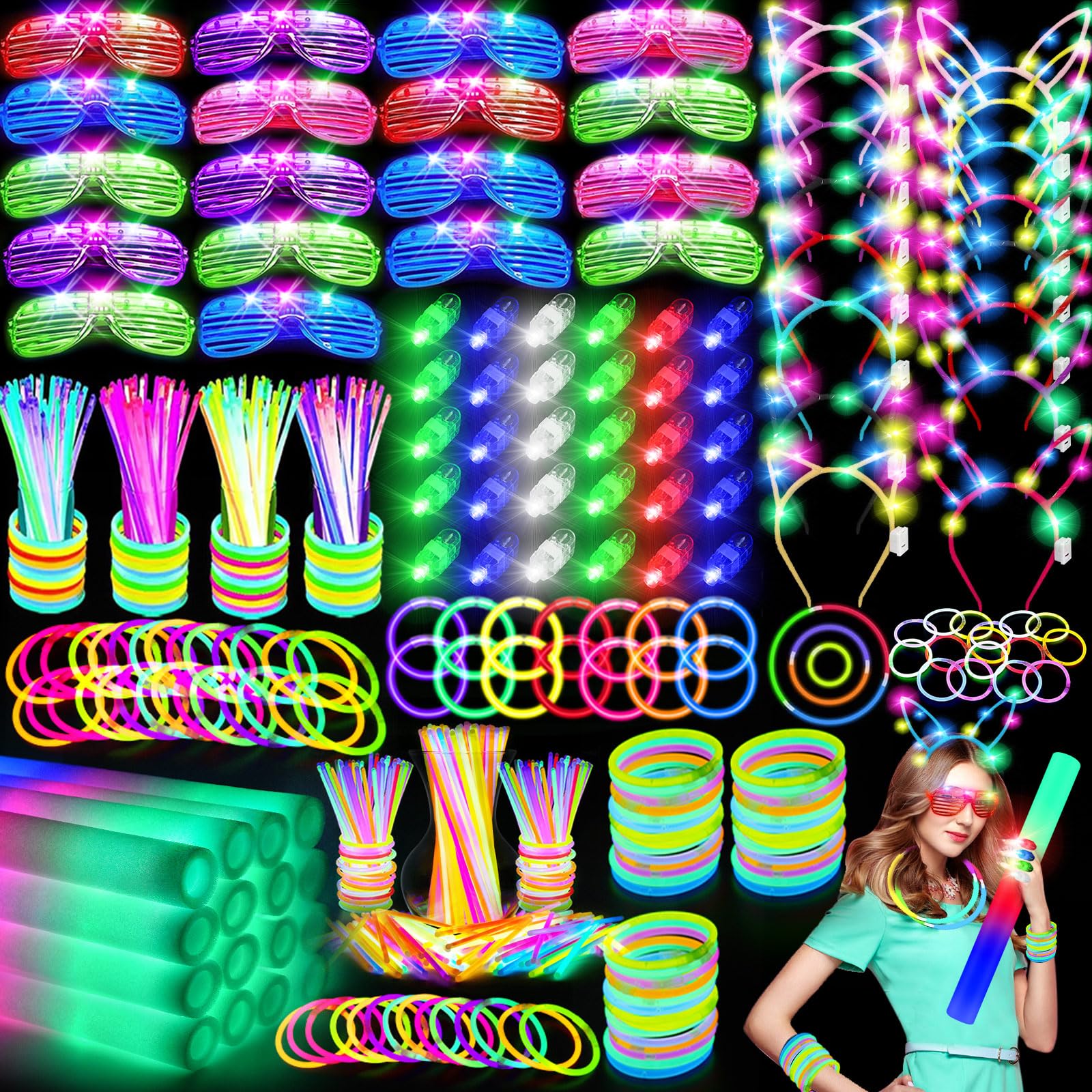 OLUPP 282 PCS Glow Party Supplies, 18PCS Foam Glow Sticks, 18PCS LED Glasses, 200PCS Glow Sticks, 30PCS Finger Lights, 8PCS Bunny Ear Headband and 8PCS LED Cat Ear Headband for Glow Party,Birthday