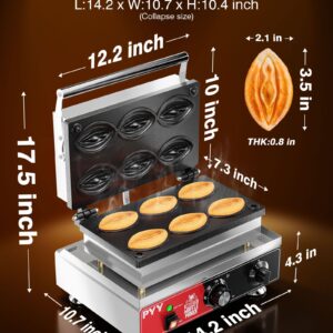 PYY Commercial Waffle Maker - 6pcs Strange Shape Abalone Waffle Iron Machine, Electric Stainless Steel Double Sided Removable Plates, 1600W 122-572℉ Temp Control | Black Non-stick Coating | Crumb Tray