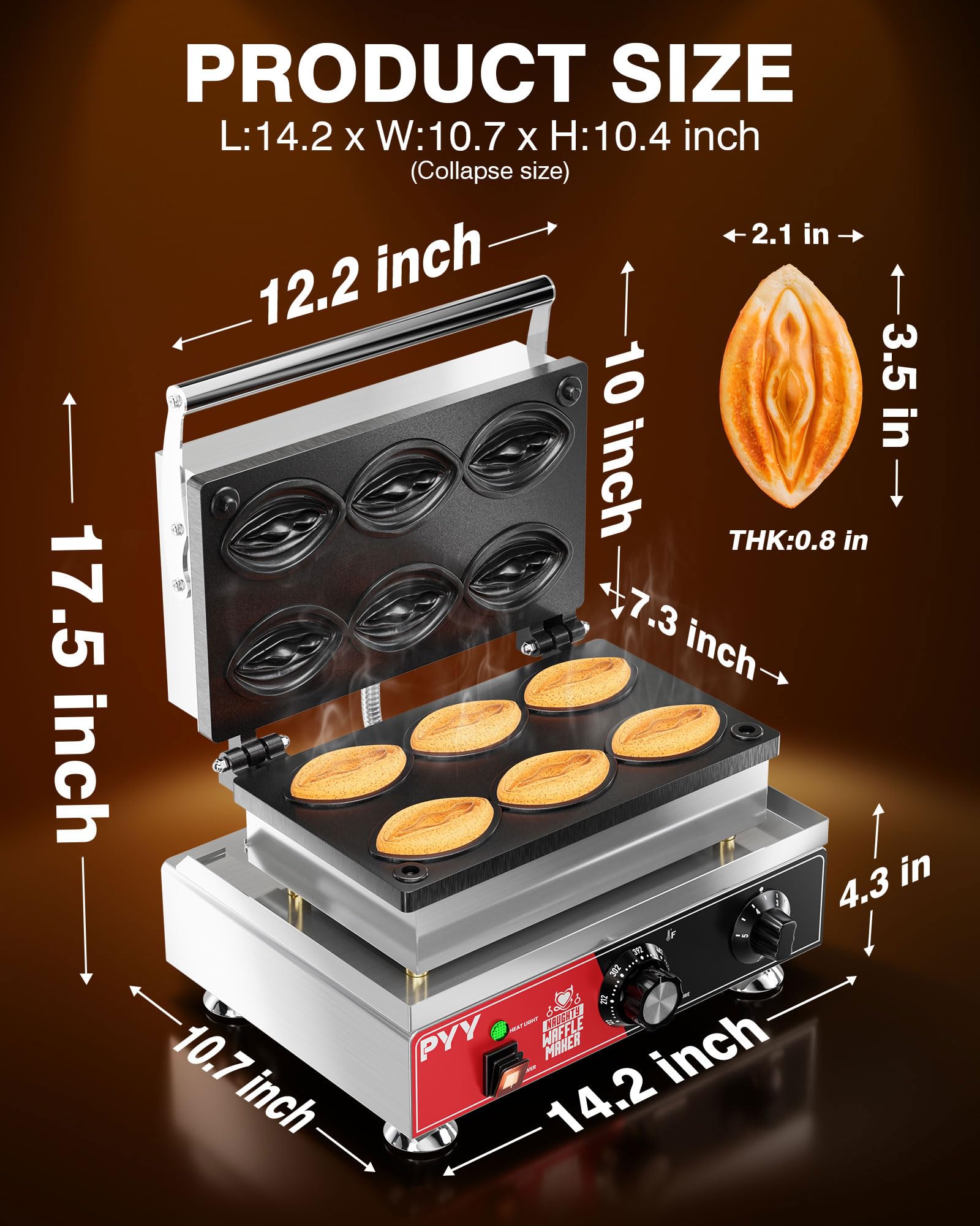 PYY Commercial Waffle Maker - 6pcs Strange Shape Abalone Waffle Iron Machine, Electric Stainless Steel Double Sided Removable Plates, 1600W 122-572℉ Temp Control | Black Non-stick Coating | Crumb Tray