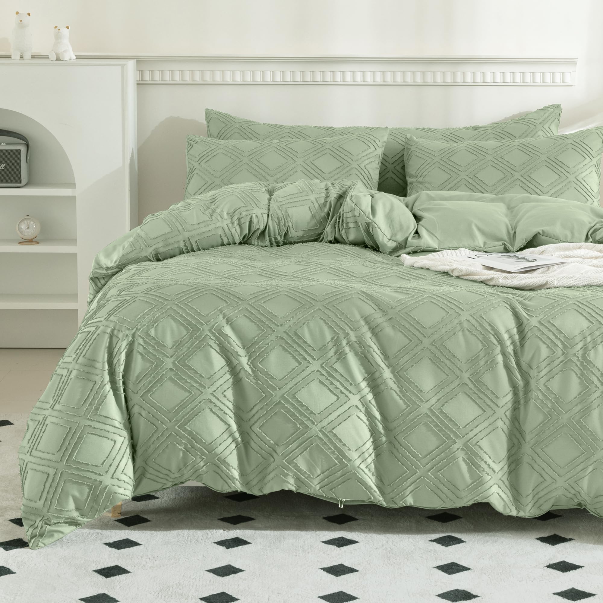 JELLYMONI Light Green Duvet Cover Full Size - 3 PCS Microfiber Tufted Duvet Cover Set, Boho Textured Duvet Cover Jacquard Rhombus Geometric Pattern Duvet Cover with Corner Ties & Zipper Closure